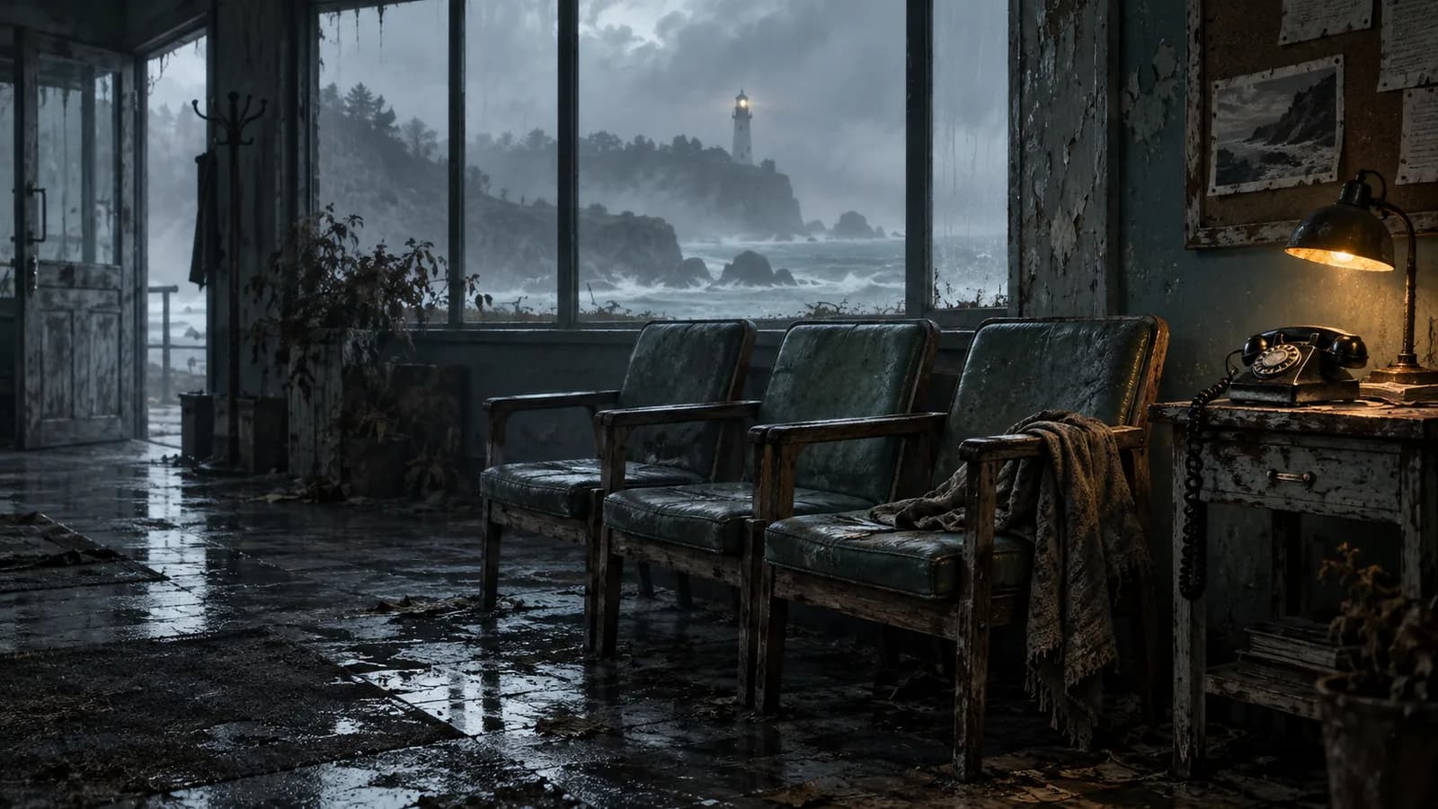 Original illustration of three empty chairs and a corded telephone in a coastal waiting room.