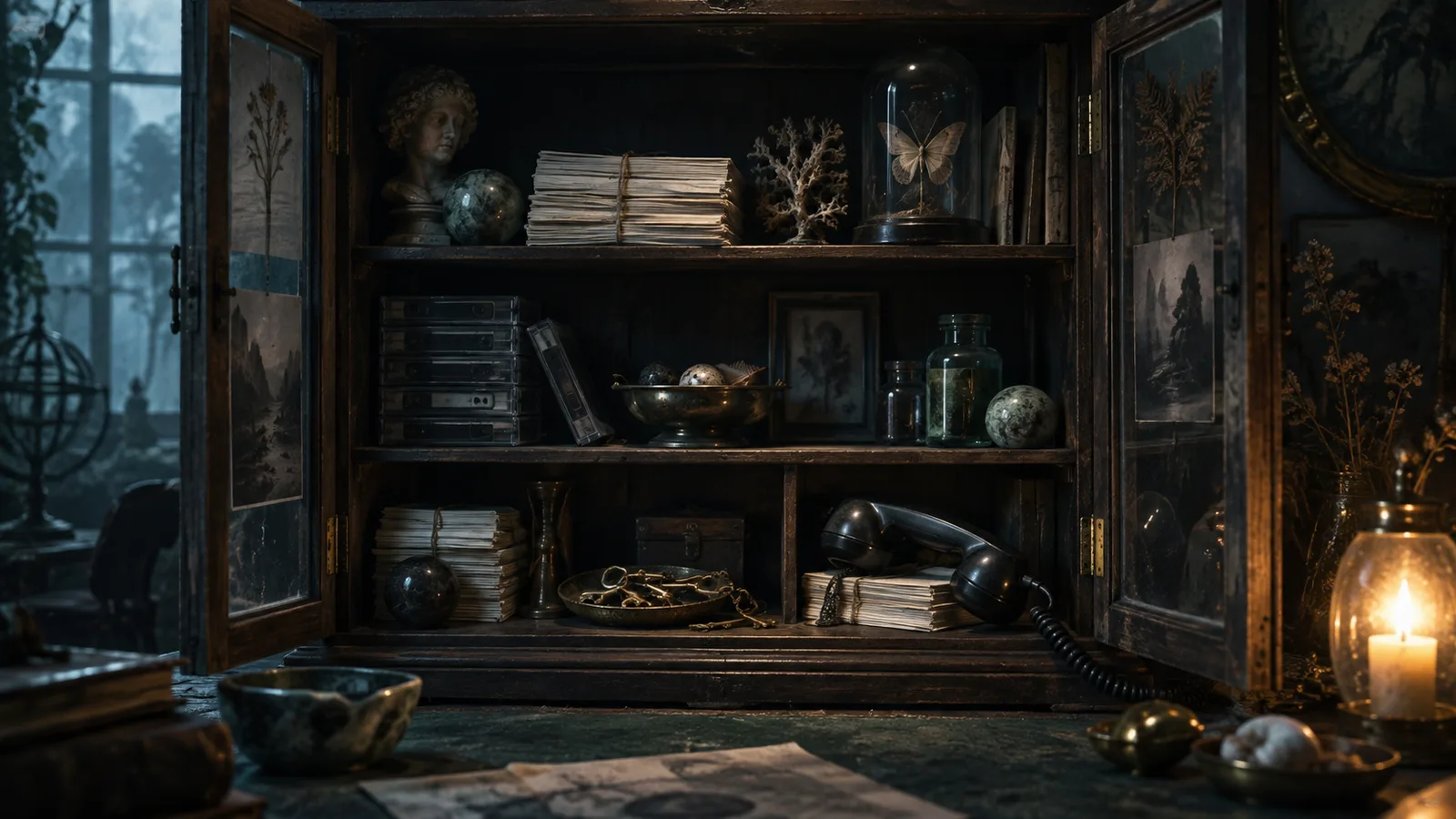 Original illustration: An open cabinet of curiosities filled with blank paper bundles, cassette cases, small keys and a phone receiver, shelves lit from the side.