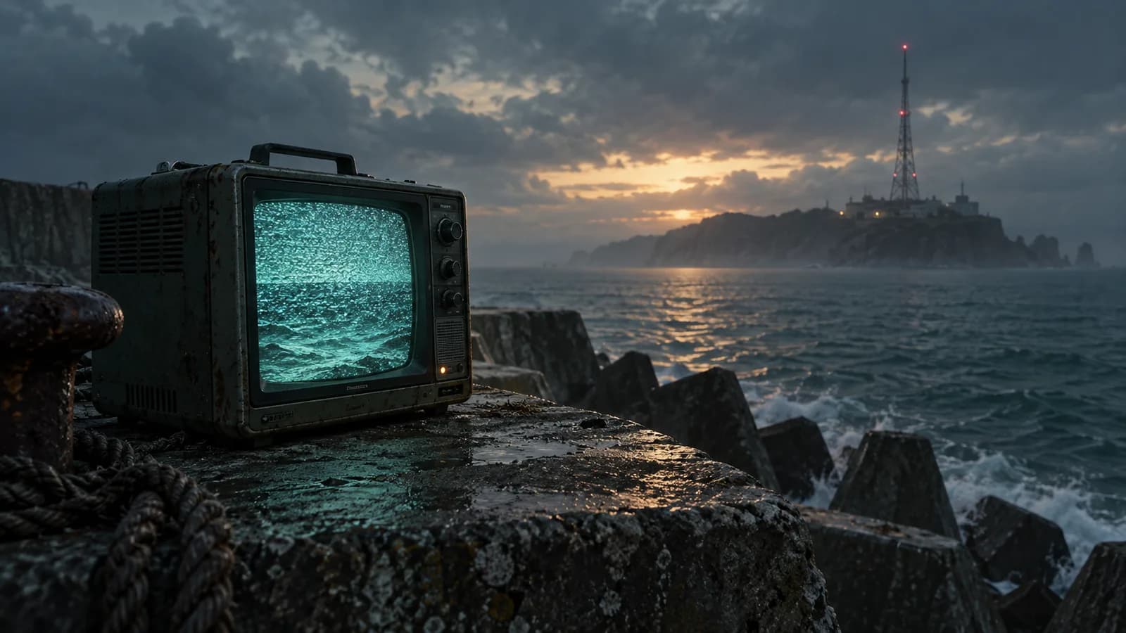 Original illustration: A small invented portable CRT monitor on a concrete sea wall, screen glowing aqua static, distant radio mast across the water.