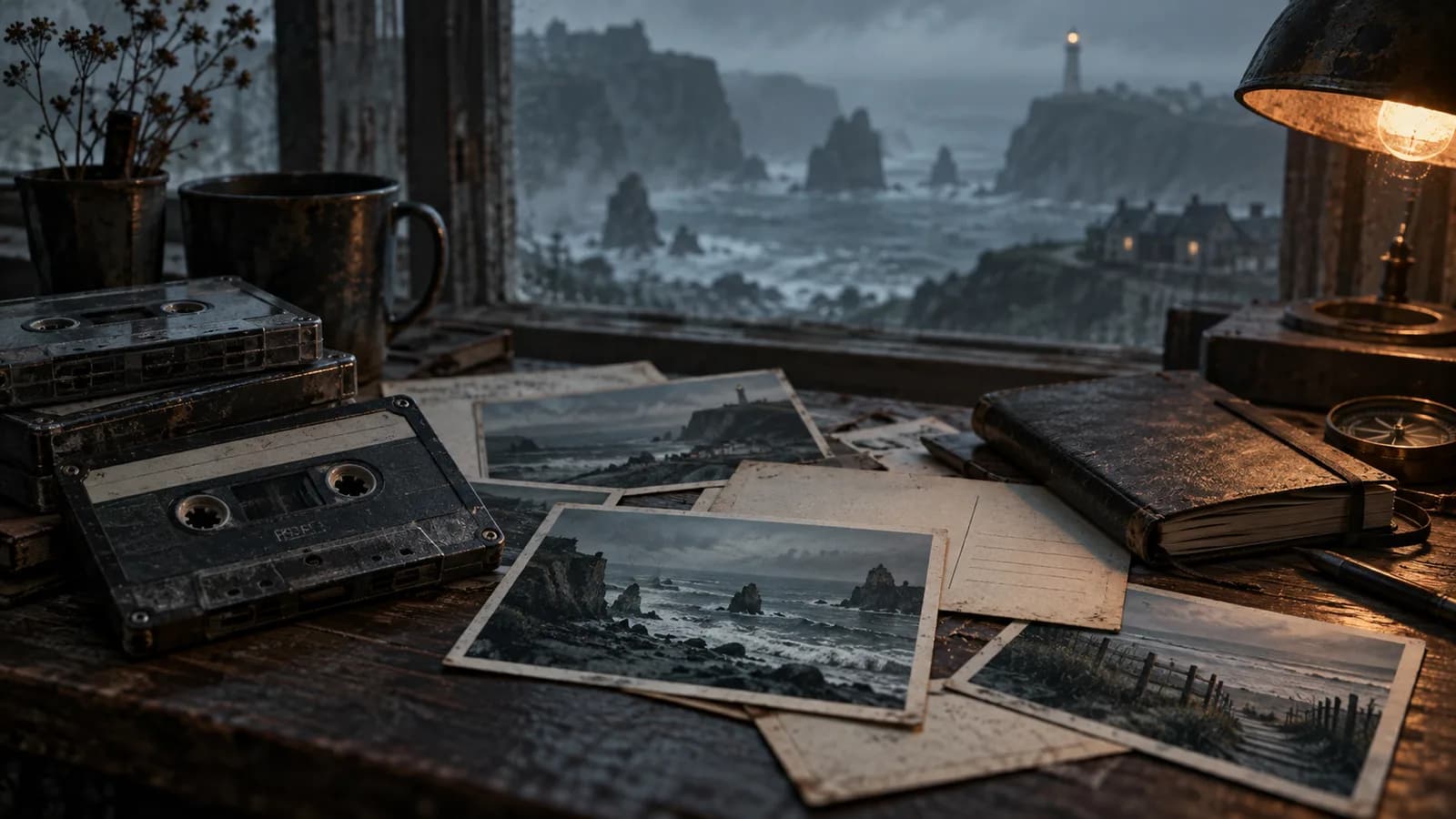 Original illustration of tapes, postcards, photographs and a notebook on a weathered desk.