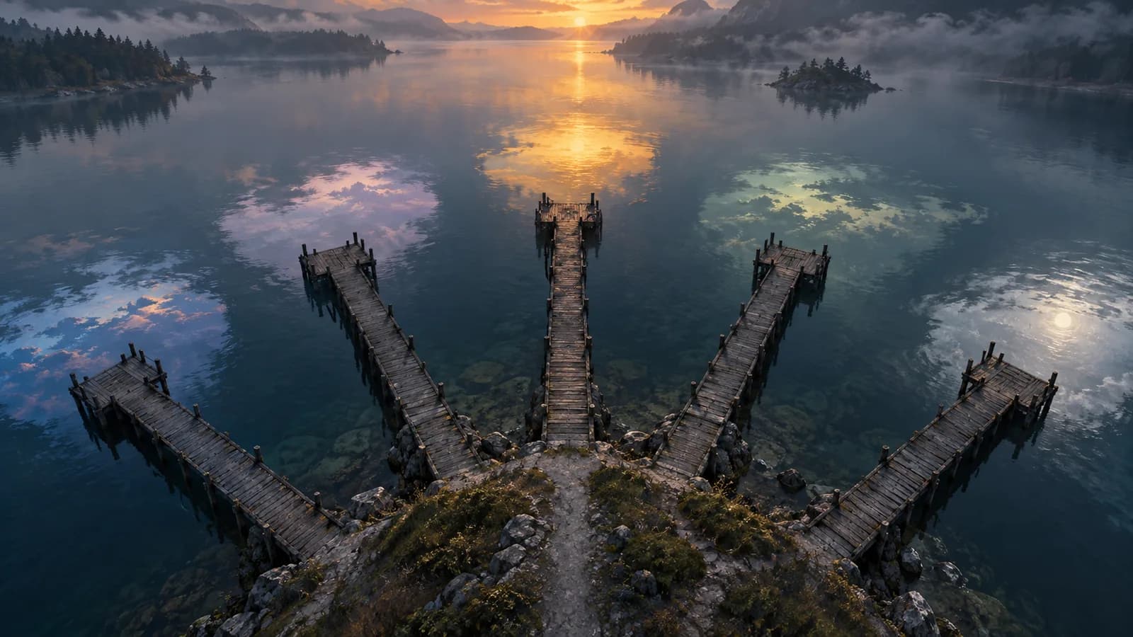 Original illustration: Five weathered jetty arms fanning into a still lake, each ending at a differently shaded pool of reflected dawn light.
