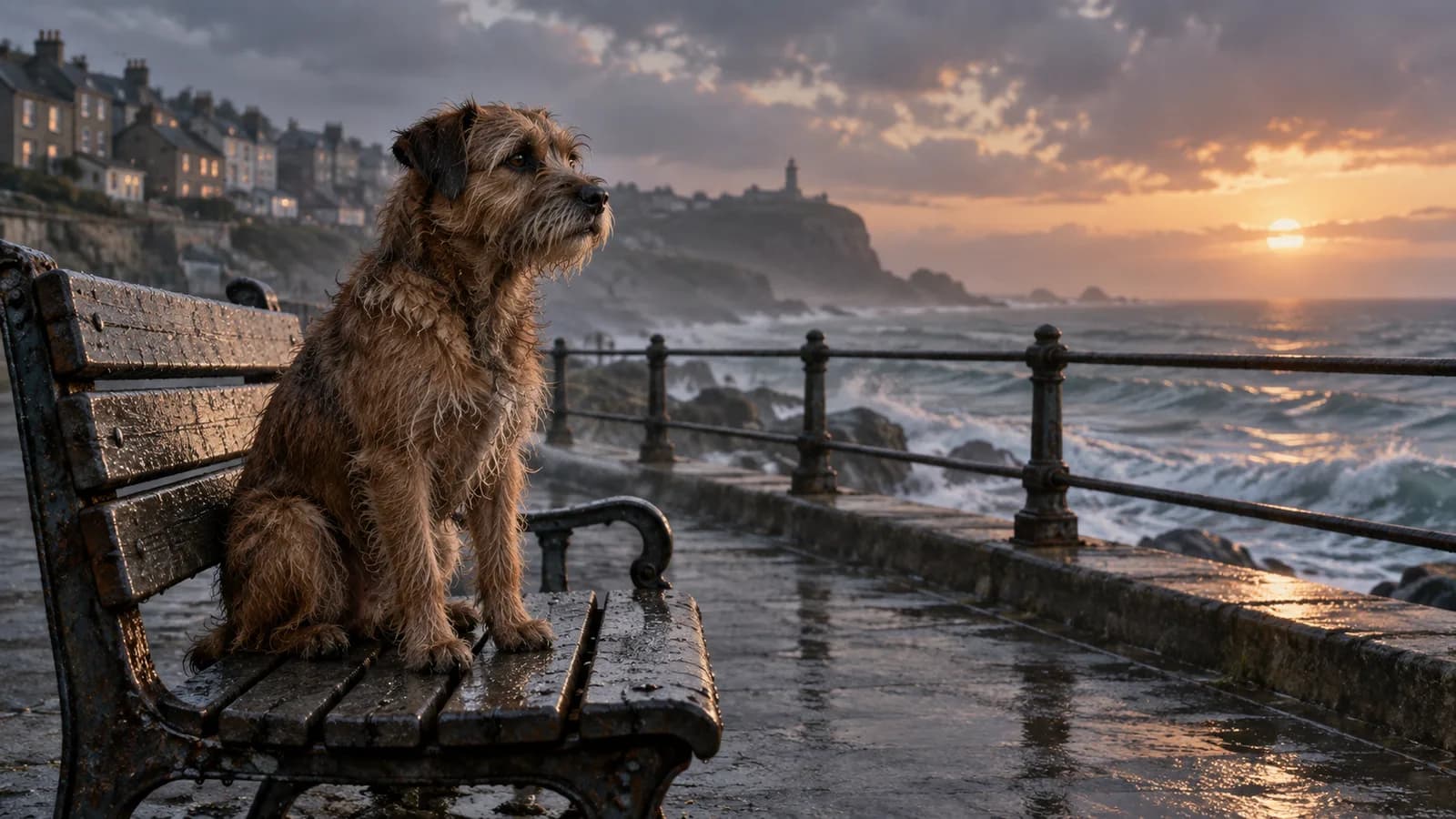 Original illustration: A scruffy original brown terrier sitting alert on an empty seafront bench, wet fur lit by soft dawn.
