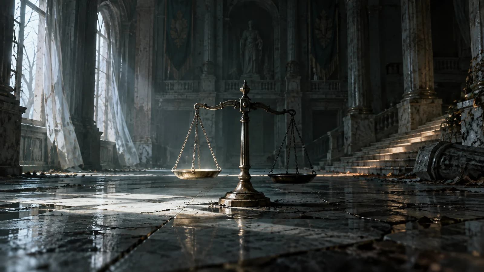 Original illustration: A small antique balance scale on the floor of an abandoned empty civic hall, one pan in cold light and the other in shadow, solemn symmetry.