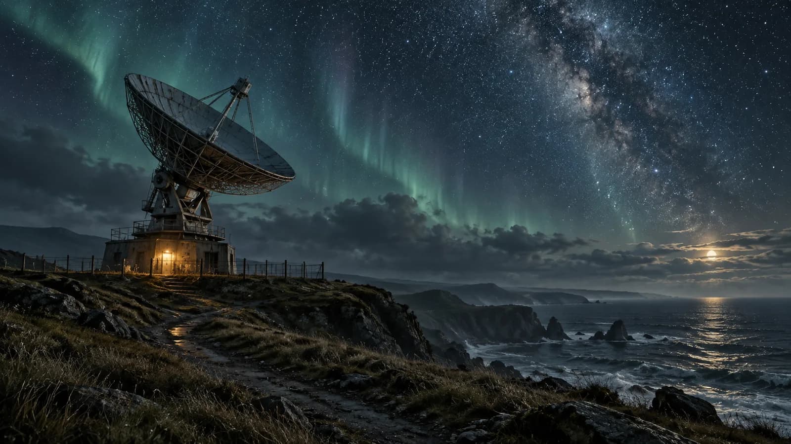 Original illustration: A lonely amateur radio telescope on a grassy headland beneath faint aurora and a dense star field.