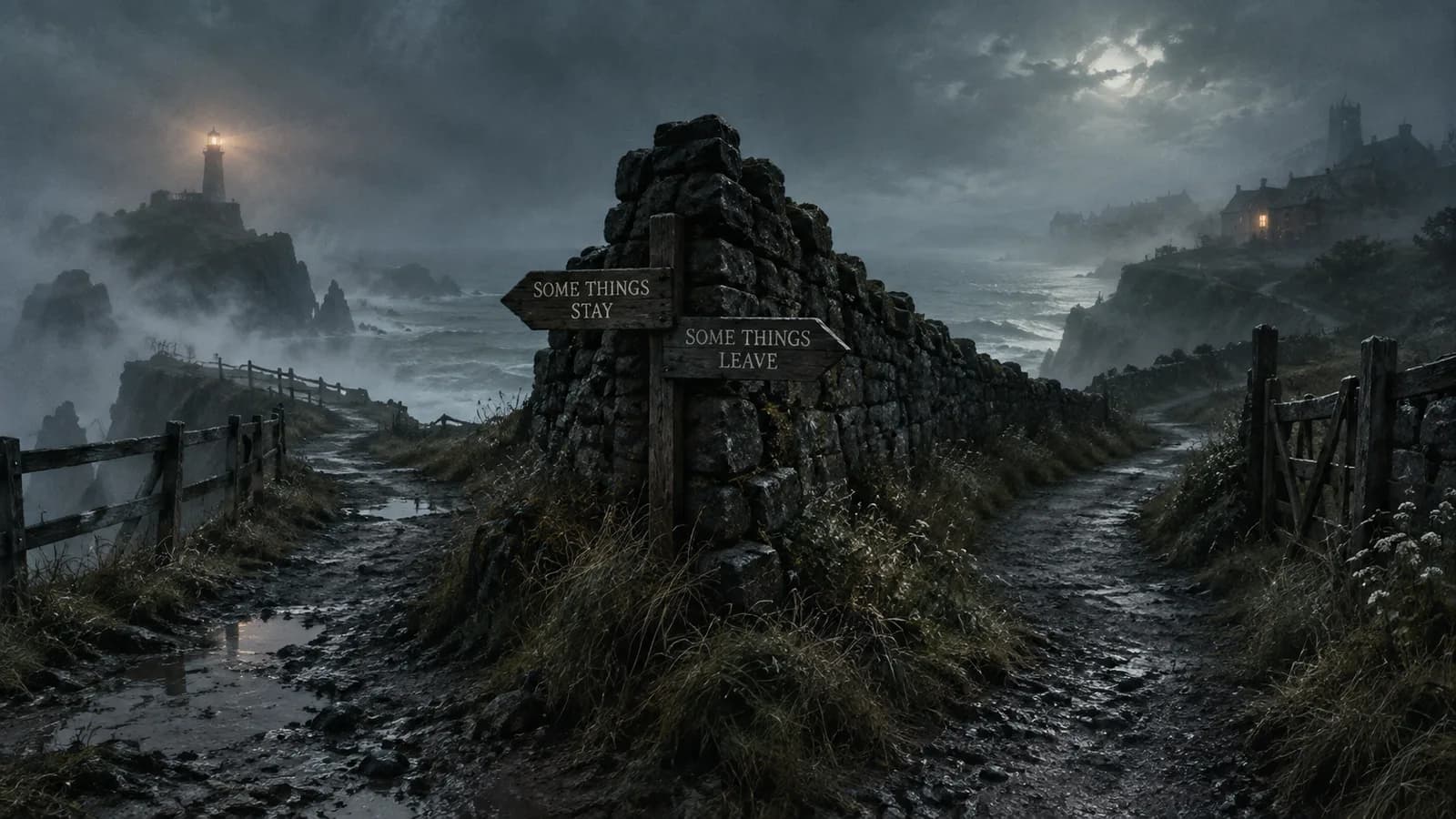 Original illustration of a coastal path splitting around a stone wall toward lights in the mist.