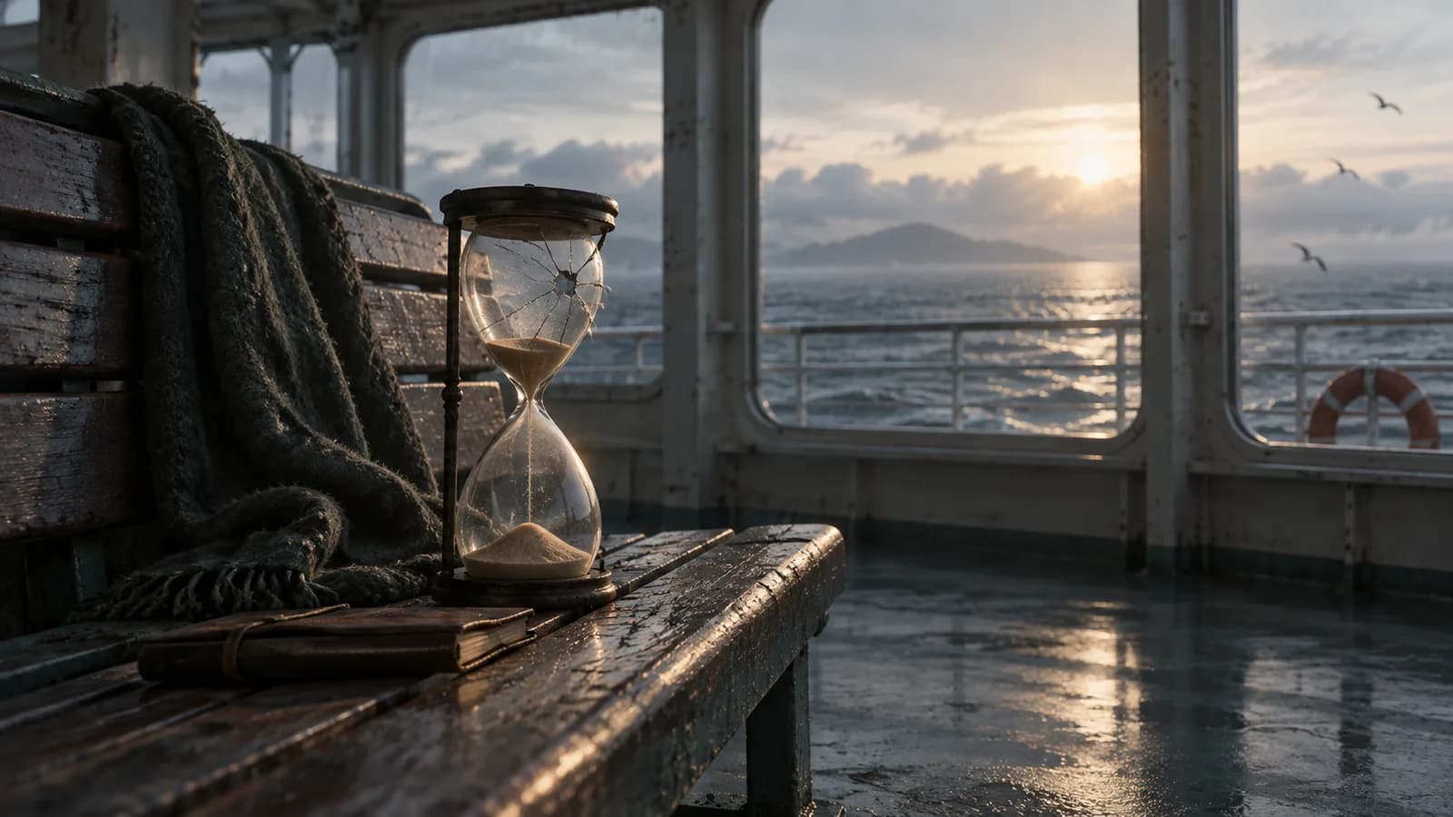 Original illustration: A cracked hourglass on a solitary ferry bench, pale morning light through large windows, distant sea horizon.