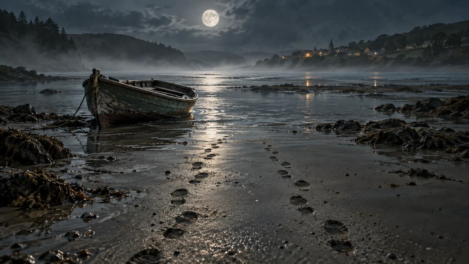 Original illustration: A small wooden rowing boat pulled halfway ashore at a misty estuary, two parallel trails of footprints leading back toward the water, moonlight reflected in wet sand.