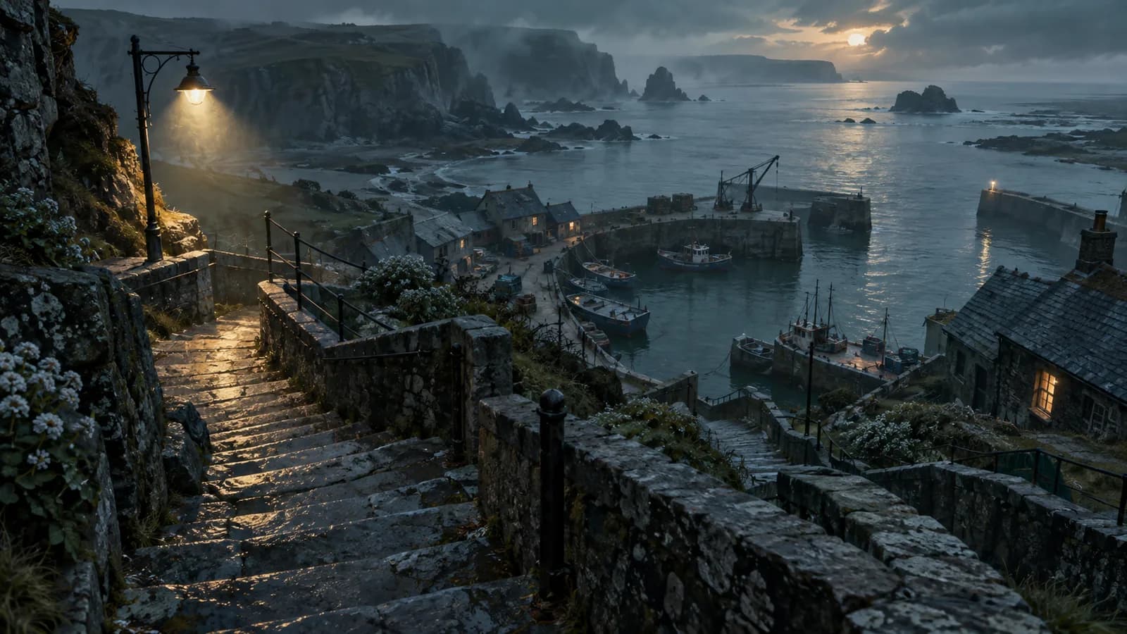 Original illustration: A high viewpoint over an invented tidal harbour, a long zigzag stone stair descending toward fishing sheds, one pale beam from a harbour lamp.