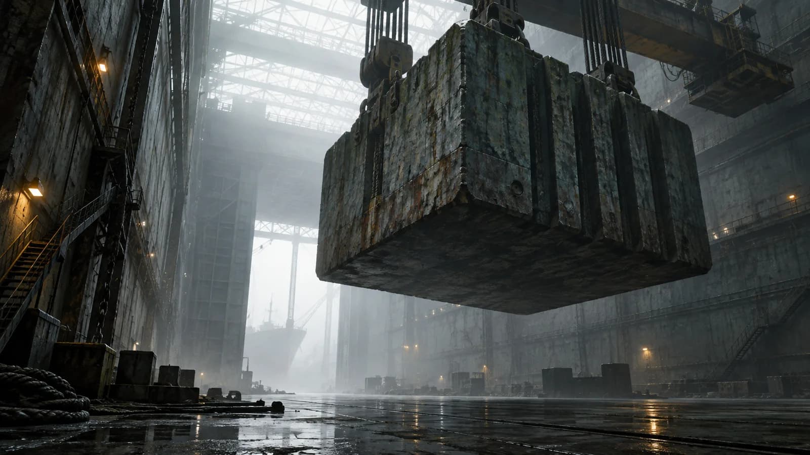 Original illustration: An enormous hanging shipyard counterweight suspended over an empty concrete floor, low perspective emphasizes oppressive mass, white fog through skylight.