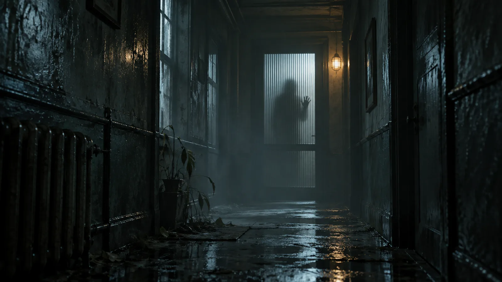 Original illustration of an indistinct shadow behind ribbed glass in a deserted corridor.