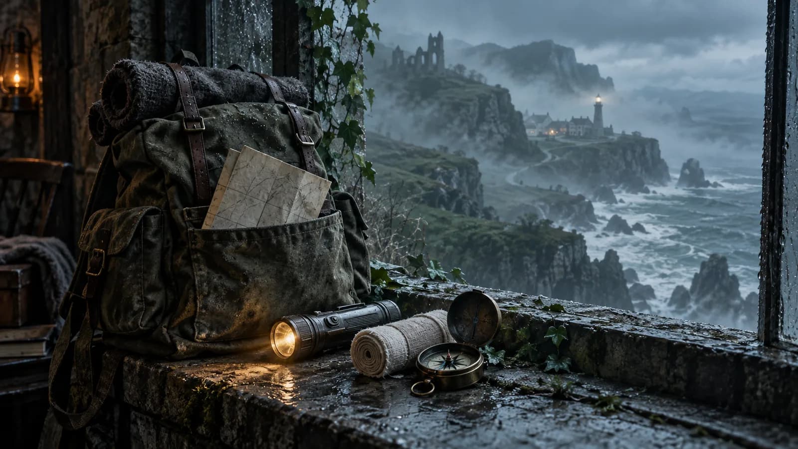 Original illustration of a canvas backpack, map, bandages and compass beside a foggy coastal window.