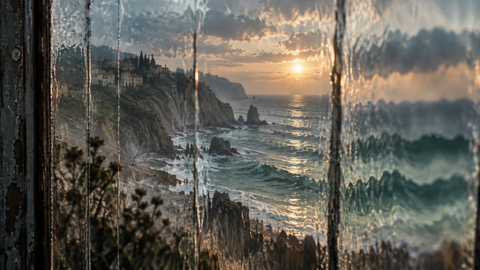 Original illustration: A faded coastal postcard viewed through overlapping rippled glass panes, refracted bands of sea and sky create a beautiful ambiguous image.