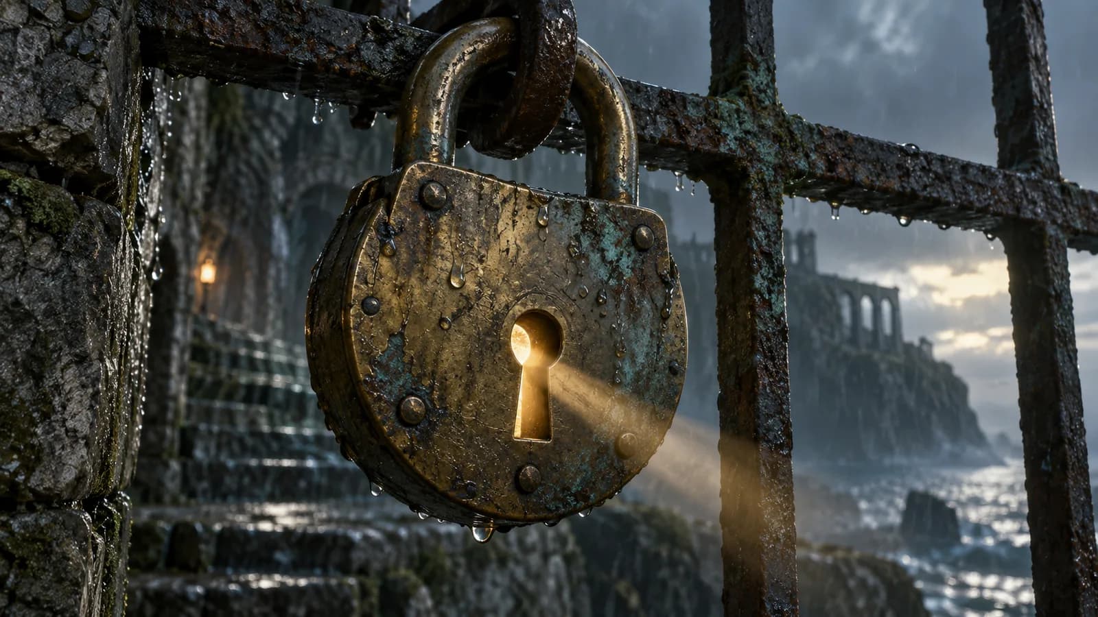 Original illustration: A massive unbranded brass lock suspended from an old metal grate, its keyhole lit by a narrow ray, rainwater and oxidized textures, frontal macro with shallow depth.