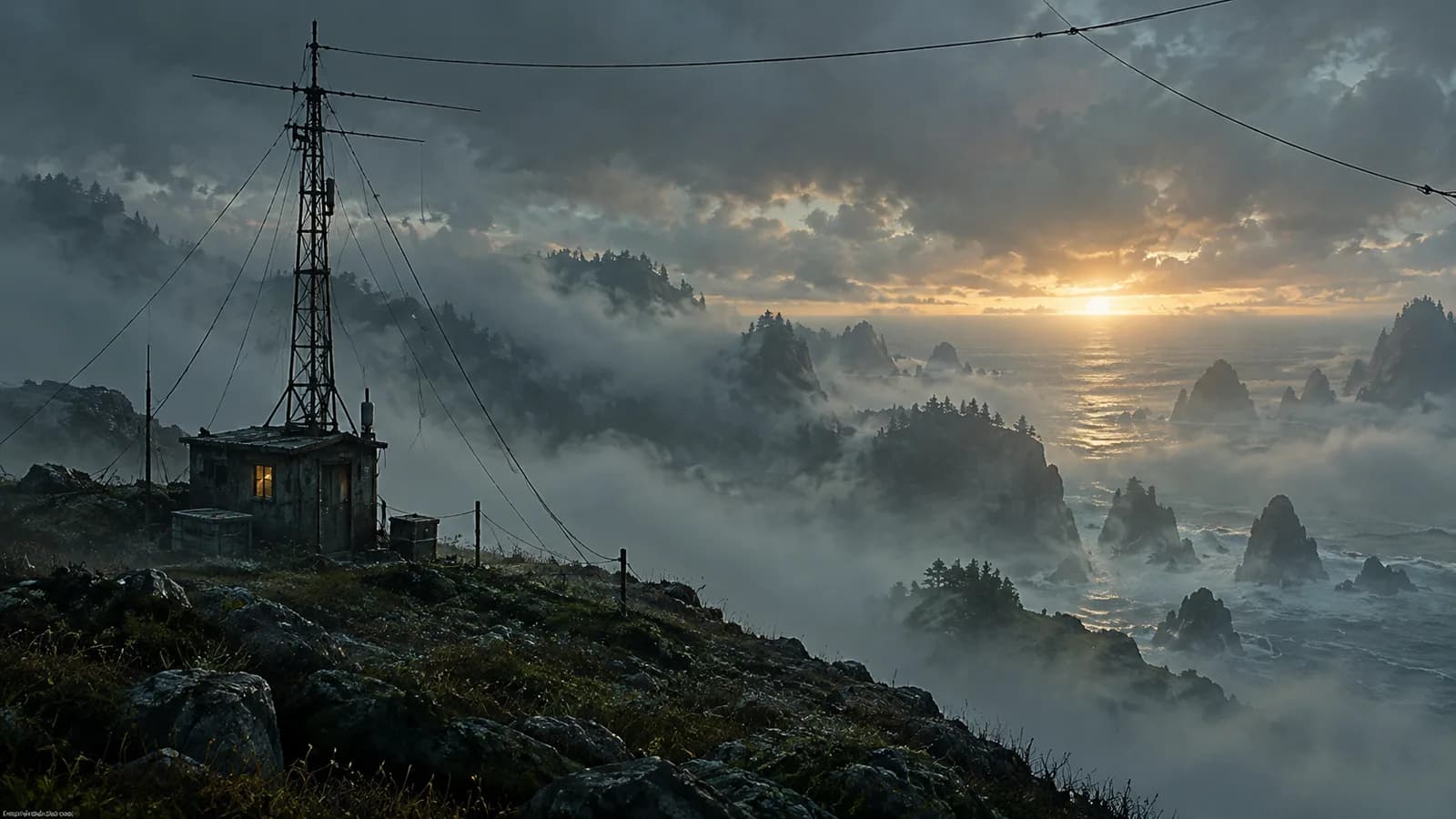 Original illustration: A field radio aerial silhouetted against broad layered sea fog, antenna wires span the top of the frame.