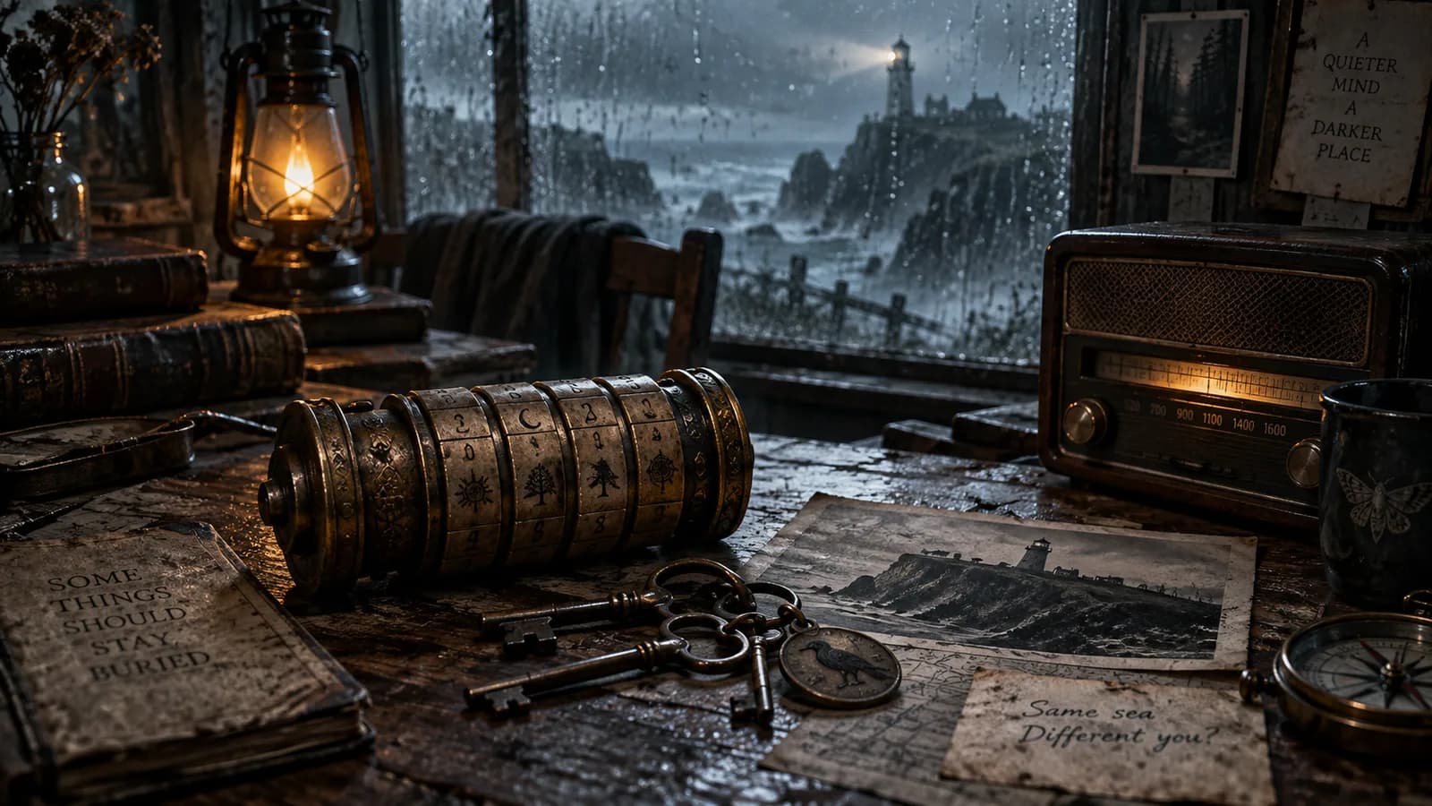Original still life of an analogue radio, keys and a brass mechanism on a rain-lit desk.