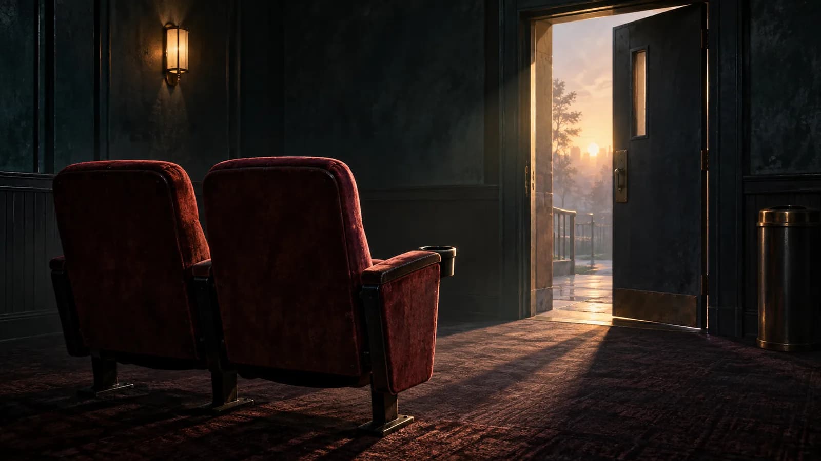 Original illustration: An empty cinema-like row of two upholstered seats facing a half-open door with dawn light spilling through, anticipation of arriving early.