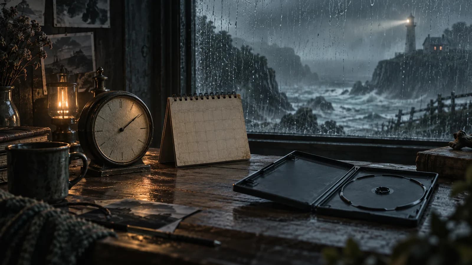 Original illustration of a vintage clock, blank calendar and empty case beside a rainy window.