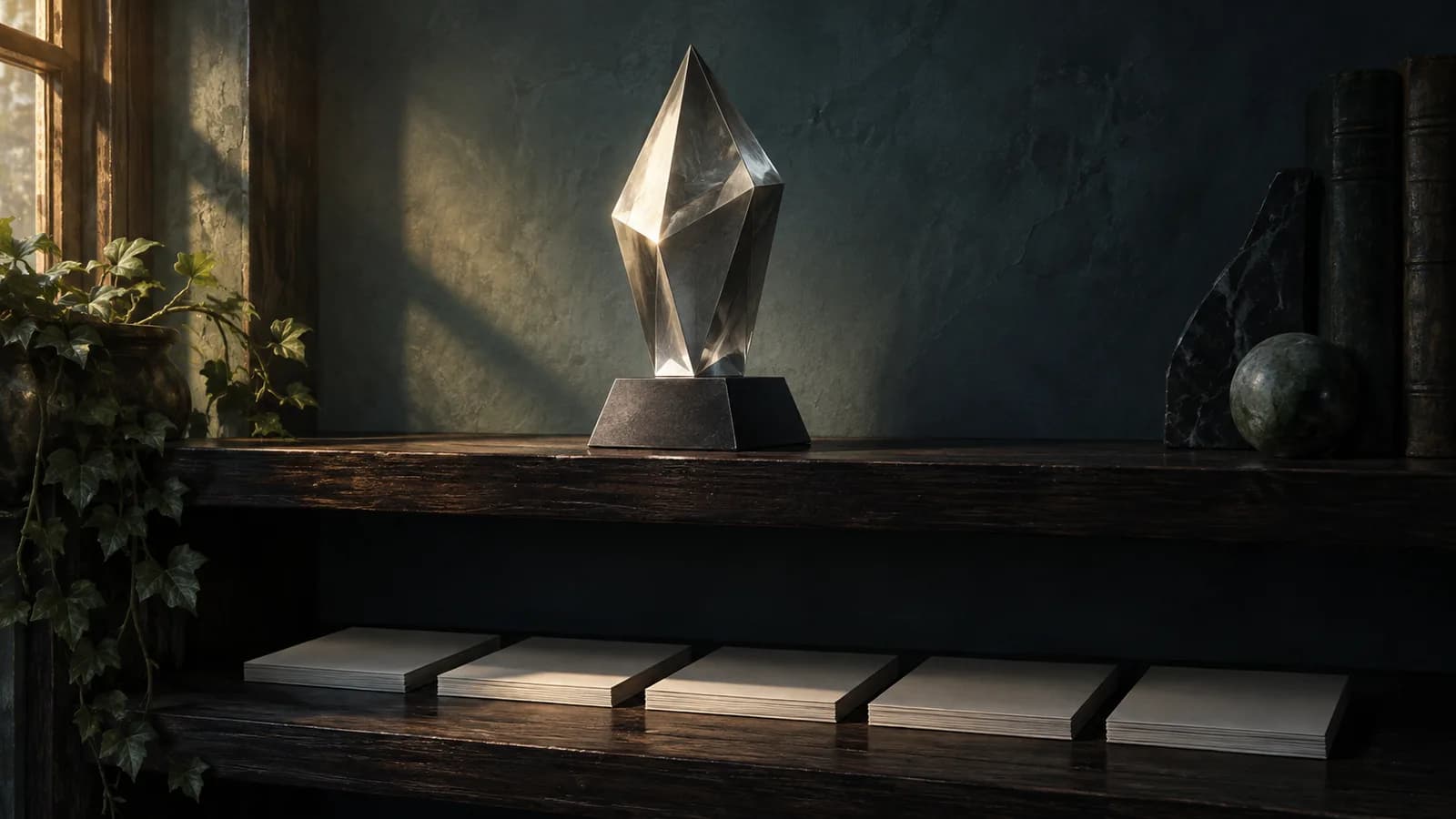Original illustration: A solitary unbranded faceted platinum-colored geometric award on an empty dark wood shelf, a row of blank index cards below, precise side lighting.