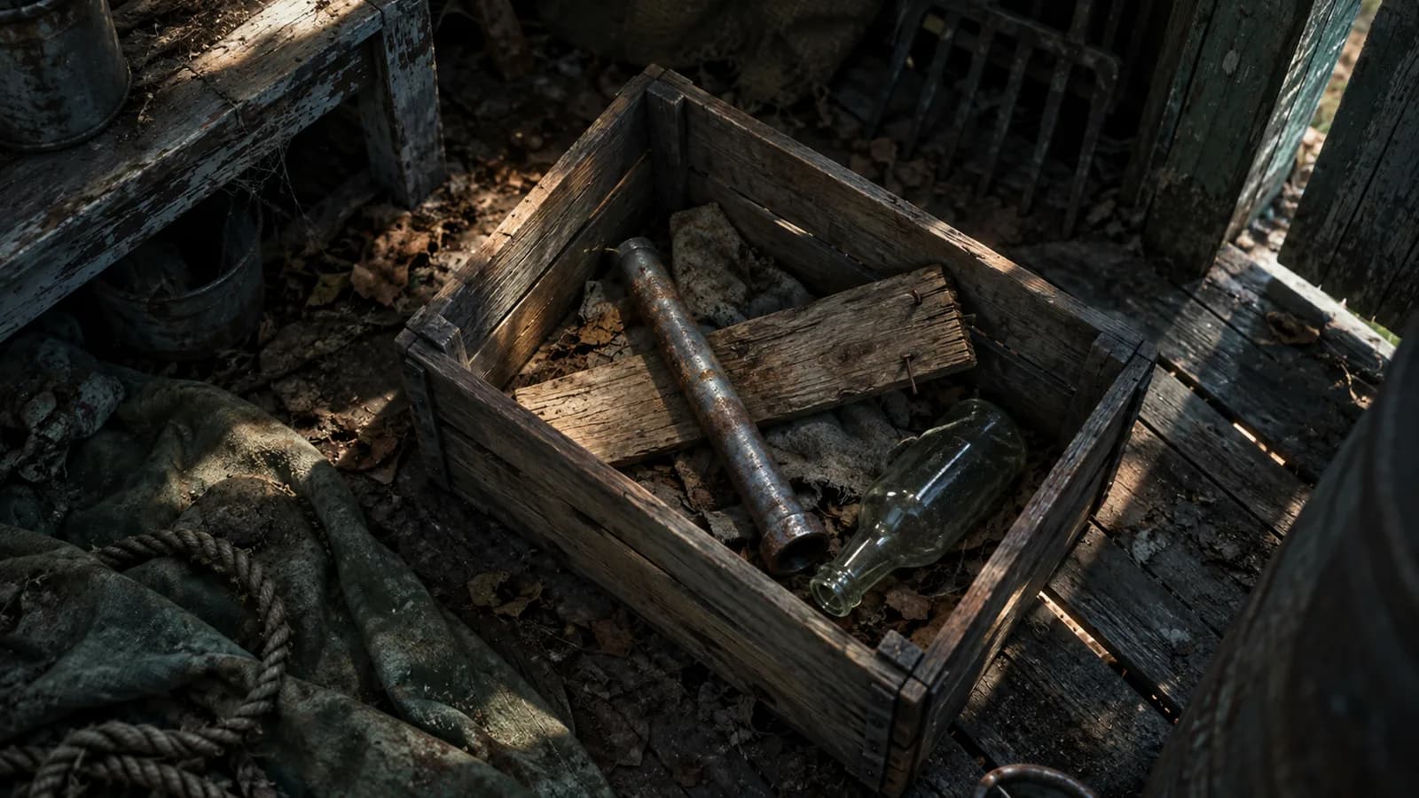 Original illustration: A wooden crate holding a short unbranded metal pipe, weathered plank and empty bottle in an abandoned shed, overhead diagonal framing.