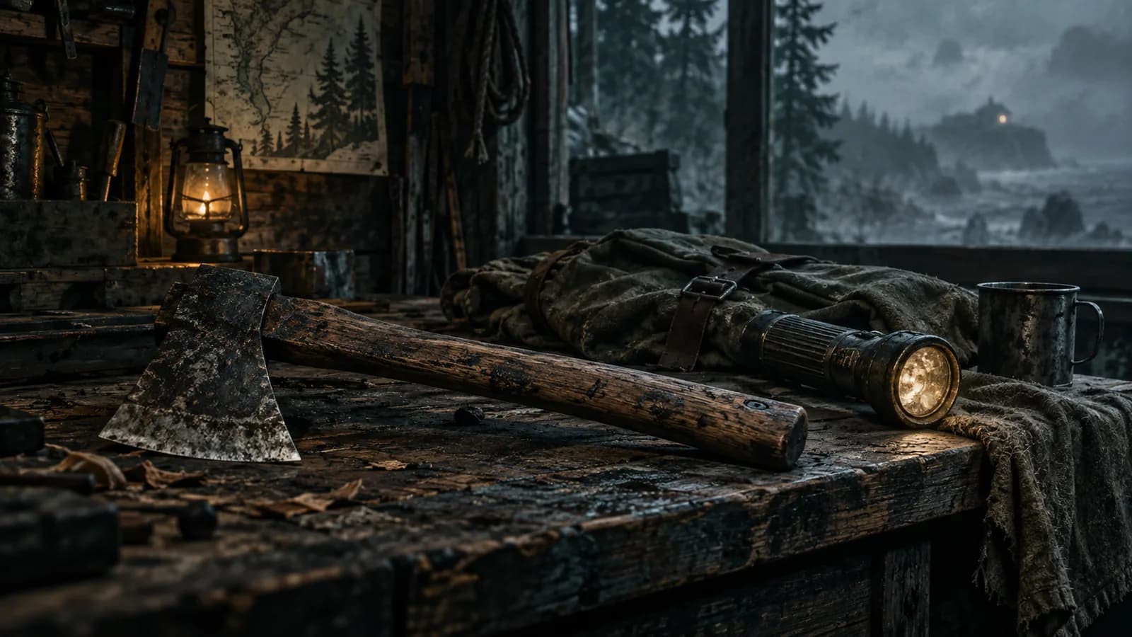 Original illustration of a worn axe and flashlight on a workshop bench.