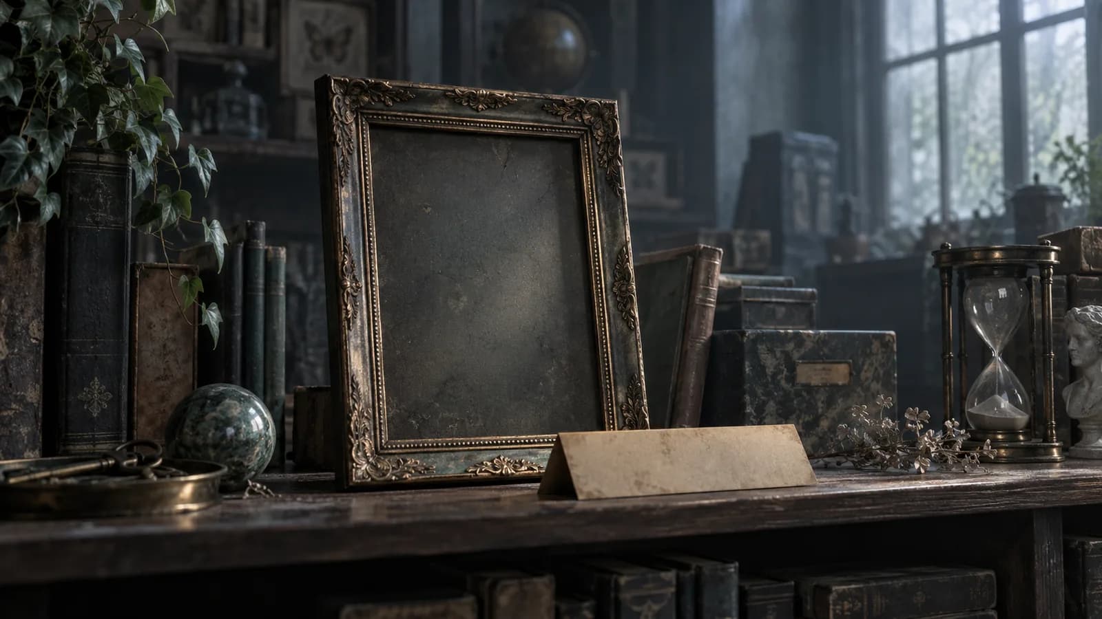 Original illustration: An empty portrait frame with its paper nameplate turned face down on a quiet archive shelf, soft gray daylight, subtle mystery without a person or game character.