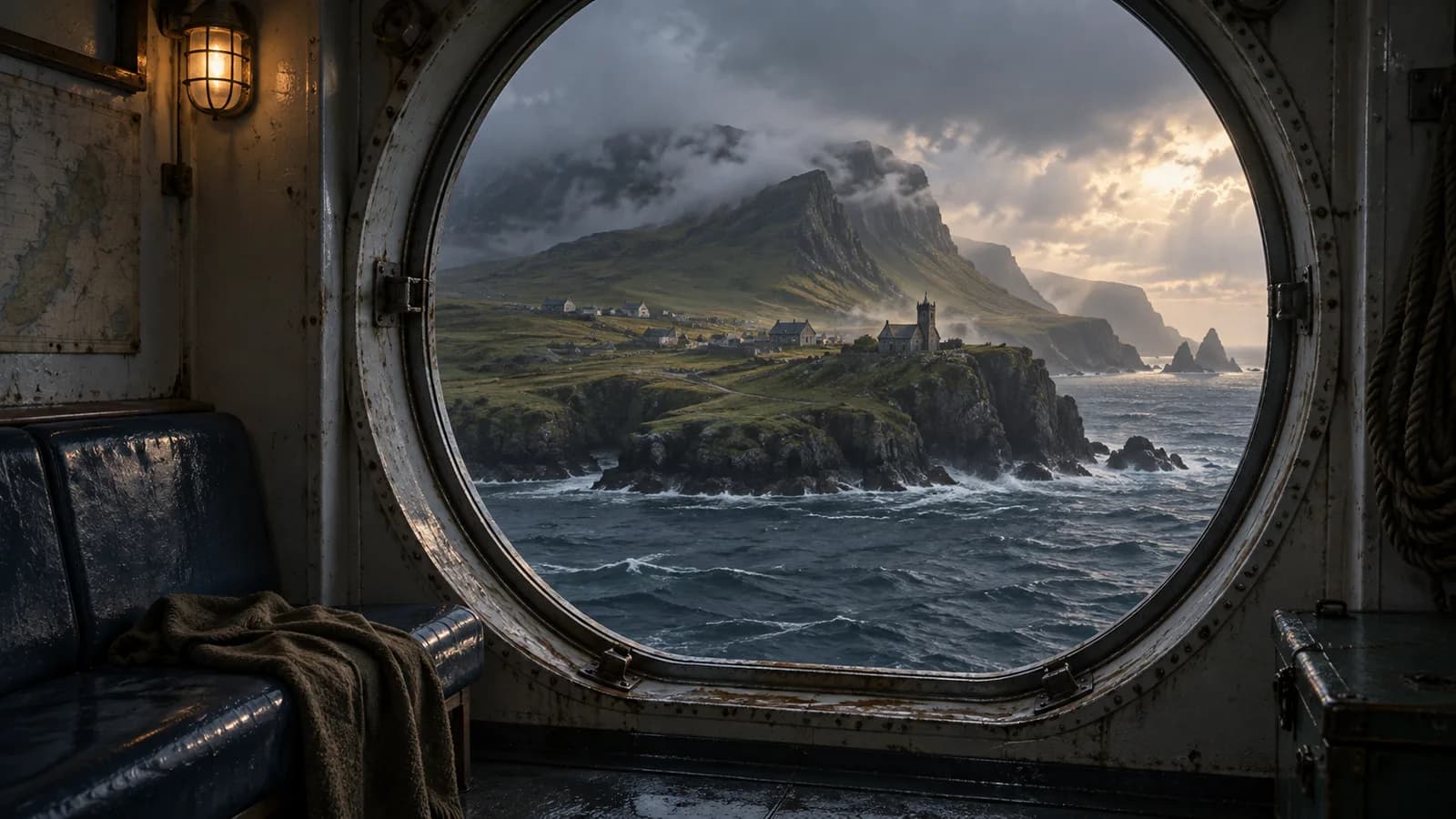 Original illustration: A remote Scottish-inspired island seen through the open circular porthole of an empty ferry, grassy cliffs and a scattered invented village beneath low cloud.