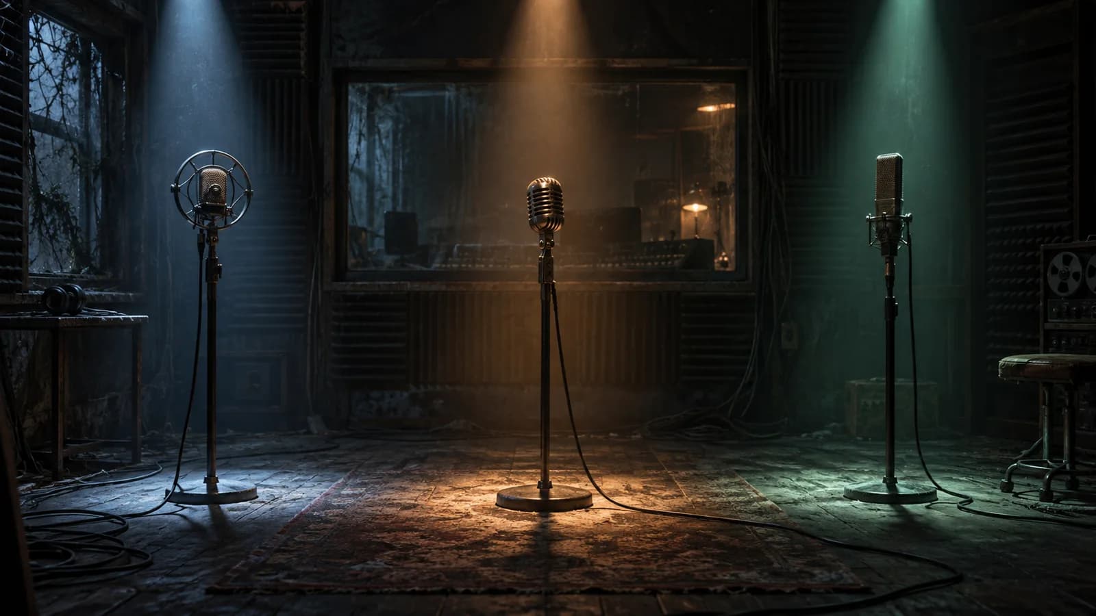 Original illustration: Three unbranded vintage microphones in separate pools of light in an abandoned recording booth, dark acoustic panels and loose cables.