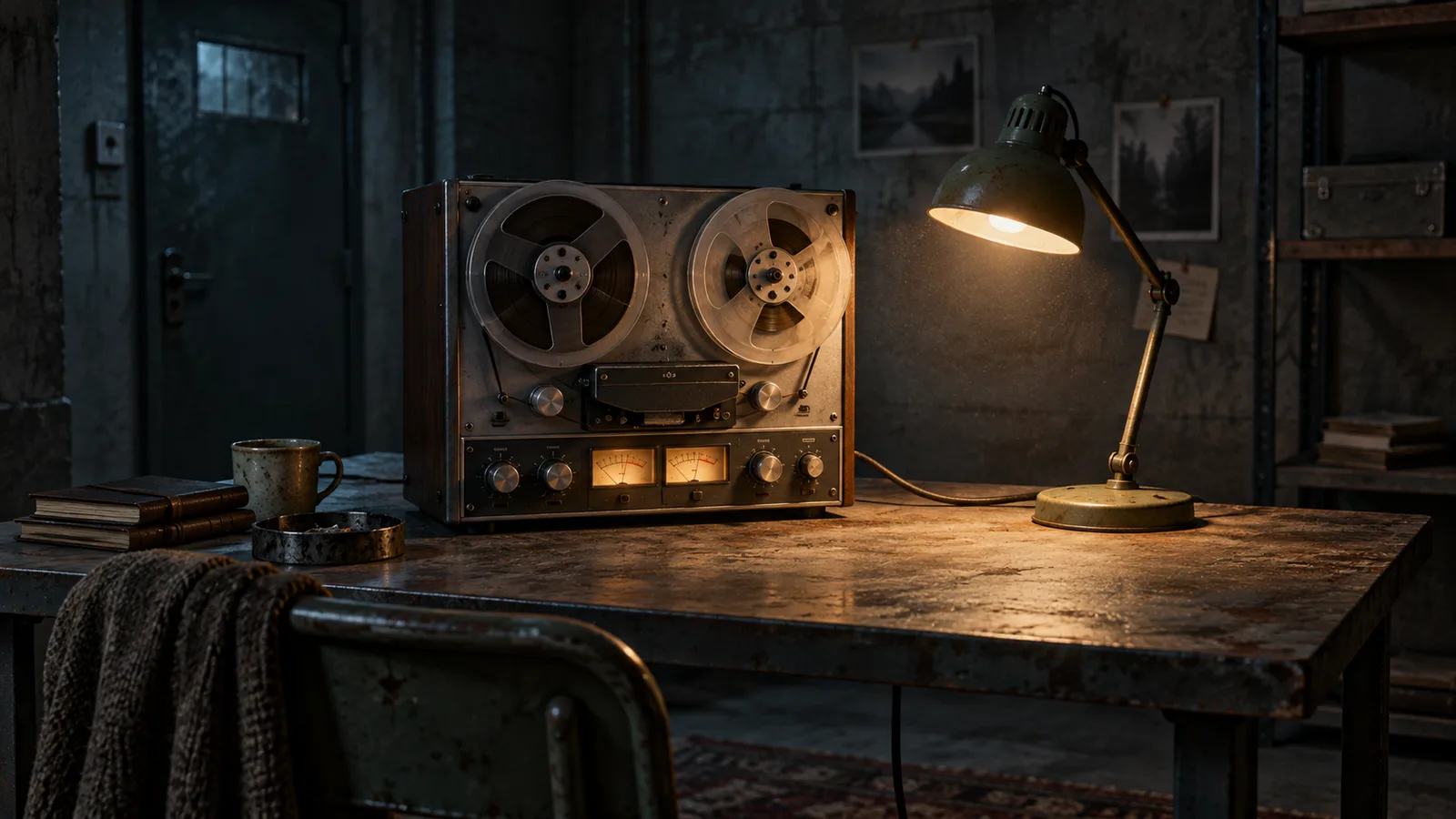 Original illustration: An unbranded reel-to-reel recorder connected by one cord to a softly glowing desk lamp, isolated in a shadowed utilitarian room, original objects and arrangement.