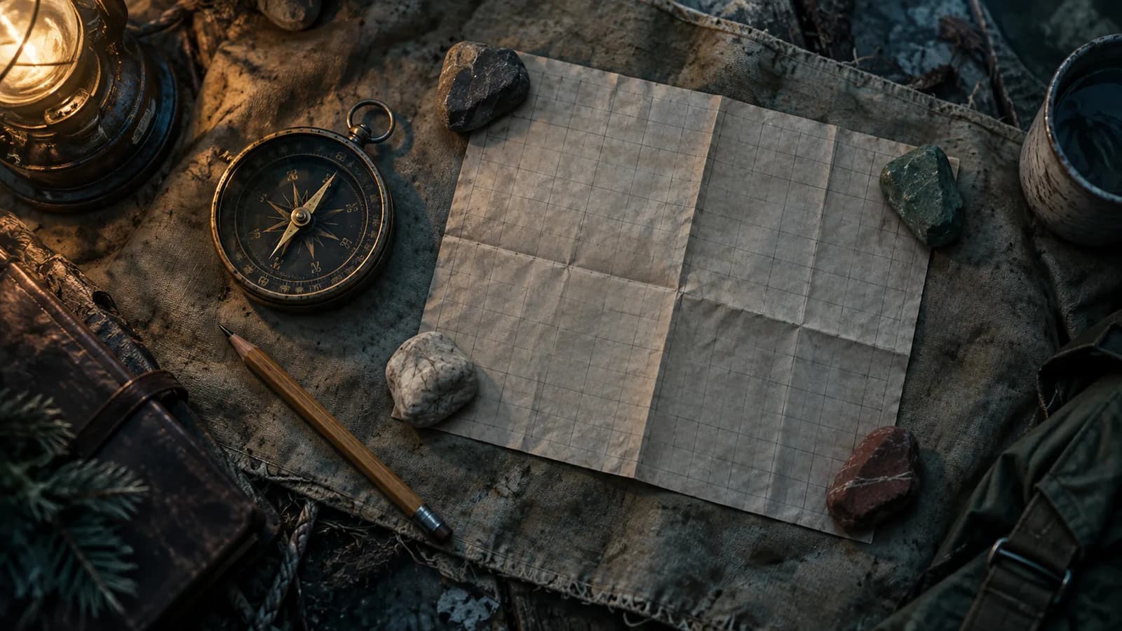 Original illustration: A circular compass beside a folded blank grid paper, a pencil and four carefully placed stones on worn canvas.