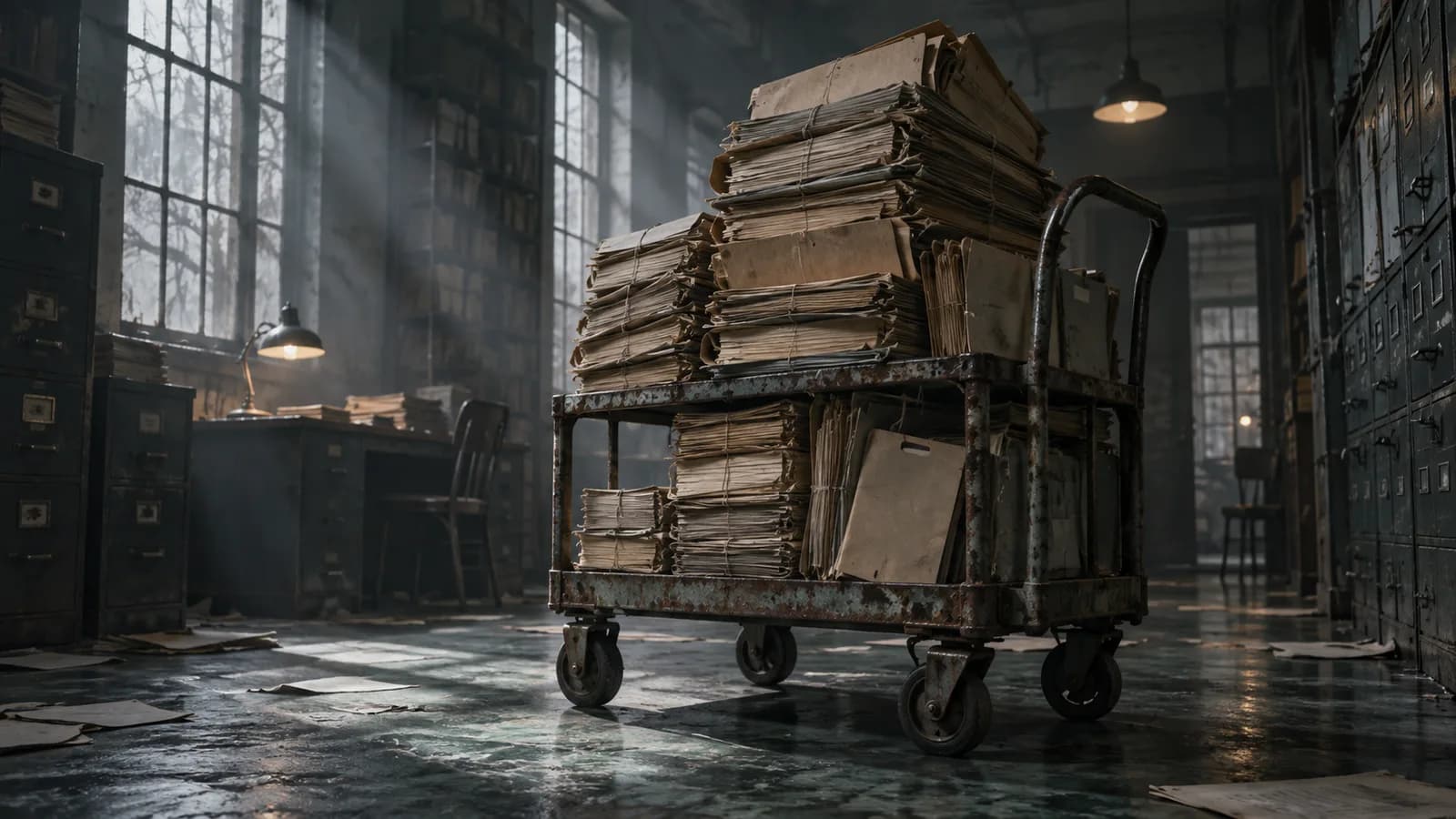 Original illustration: A tall stack of weathered blank case folders on a rusted wheeled archive cart in an empty record room, shafts of gray light.