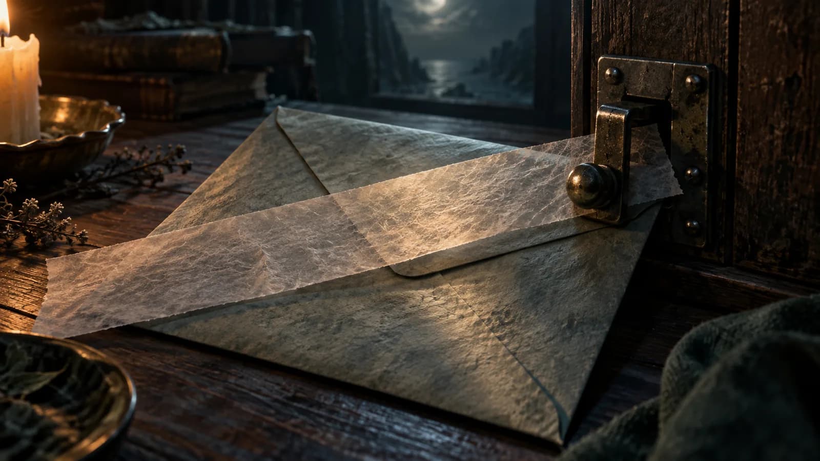 Original illustration: A strip of translucent paper laid across a sealed envelope and a simple mechanical latch, strong raking light reveals paper fibres.
