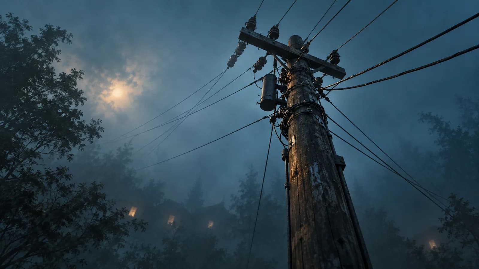 Original illustration: View up at a wooden telephone pole with copper wires disappearing through blue fog toward invisible houses, tall pole framed in a wide composition.