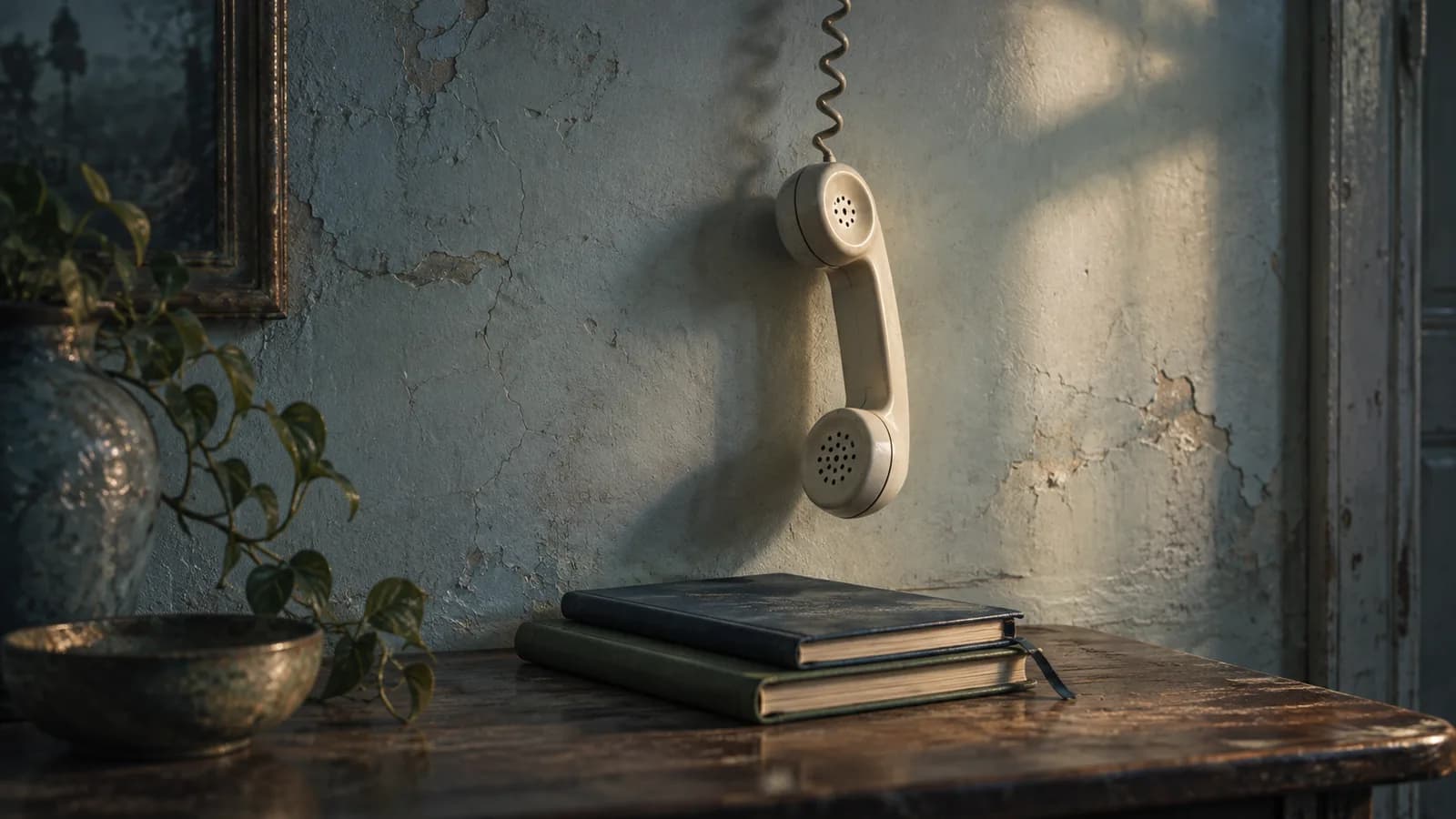 Original illustration: A disconnected ivory wall telephone handset hanging by its coiled cord over two closed notebooks, simple composition on a pale worn plaster wall.