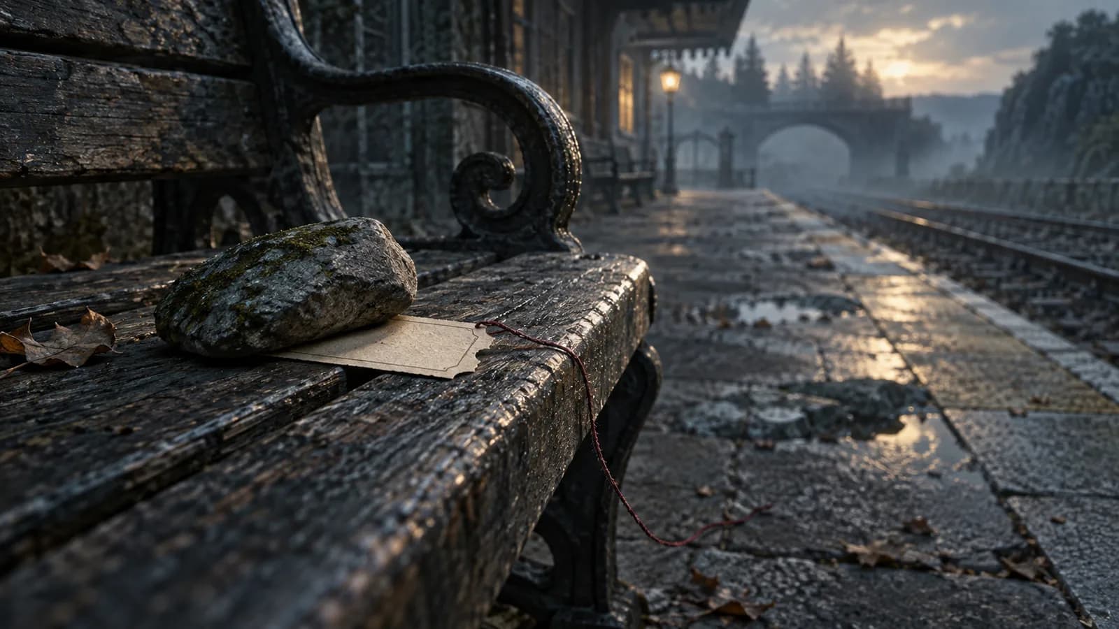 Original illustration: A single unmarked ticket held beneath a stone on a deserted platform bench, a length of thread trails off the bench, delicate side lighting.
