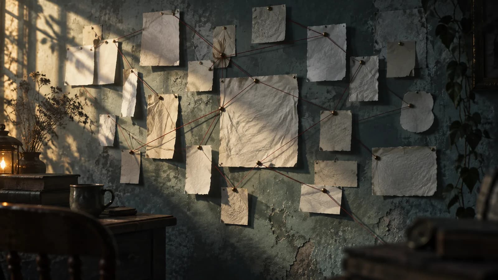Original illustration: A wall of loose blank paper scraps joined by thin thread, soft shadows of the thread suggest different routes.