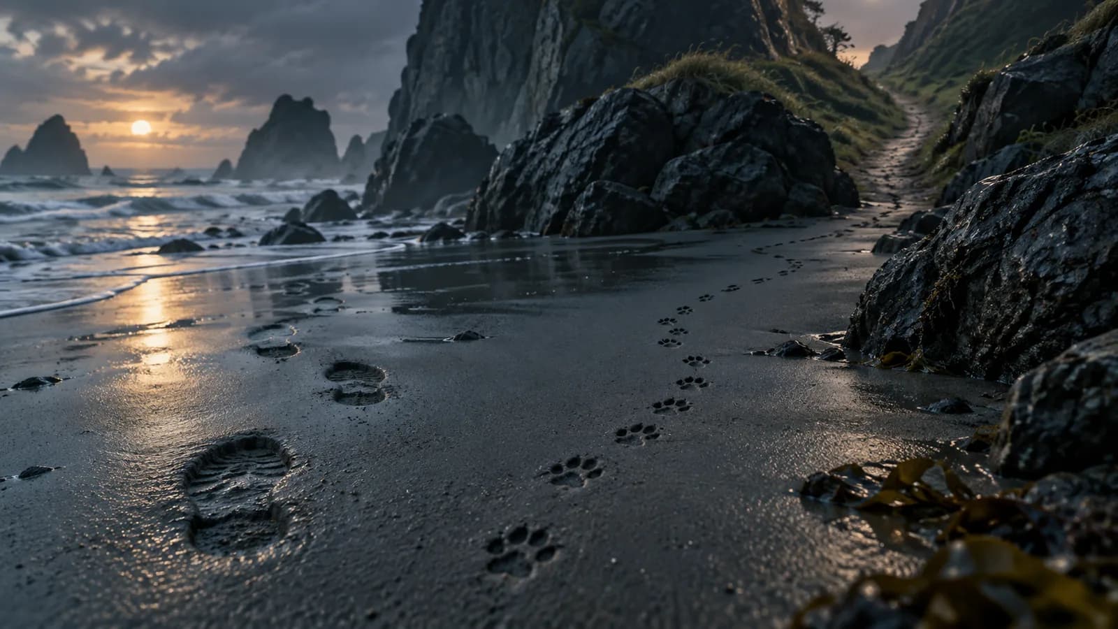 Original illustration: Small animal pawprints curve away from human footprints across rain-dark sand toward an unmarked narrow path, low viewpoint.