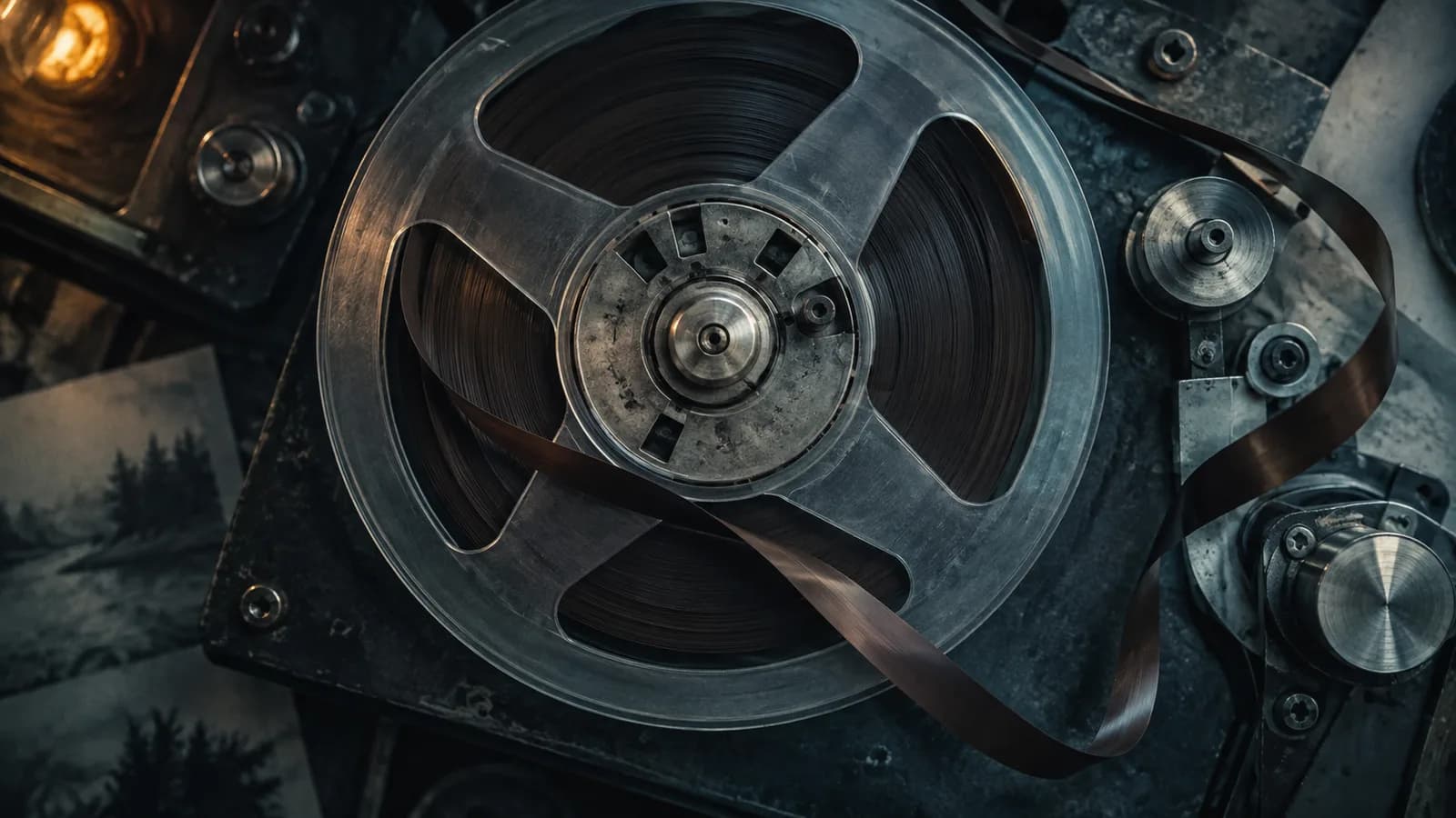 Original illustration: A continuous ribbon of magnetic tape loops around the spindle of an old reel recorder, top-down macro, cool reflected light.