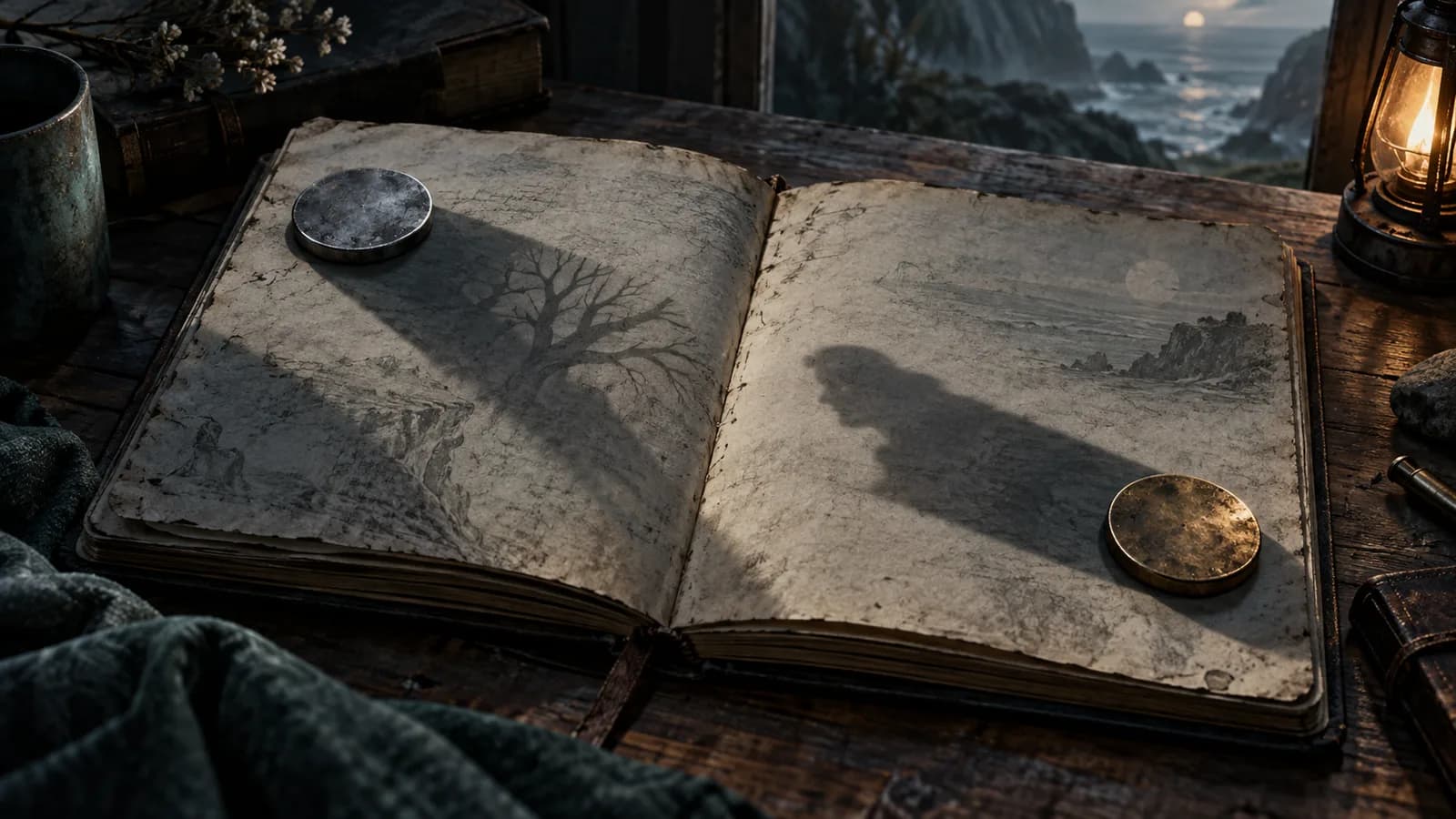 Original illustration: Two modest unmarked metal discs on opposite edges of a worn field notebook, heavy shadows cast across the page.