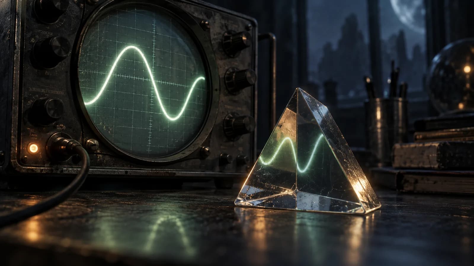 Original illustration: Macro view of an unbranded vintage oscilloscope with a single luminous sine curve reflected in a glass prism, midnight indigo background, restrained science-fiction mood.