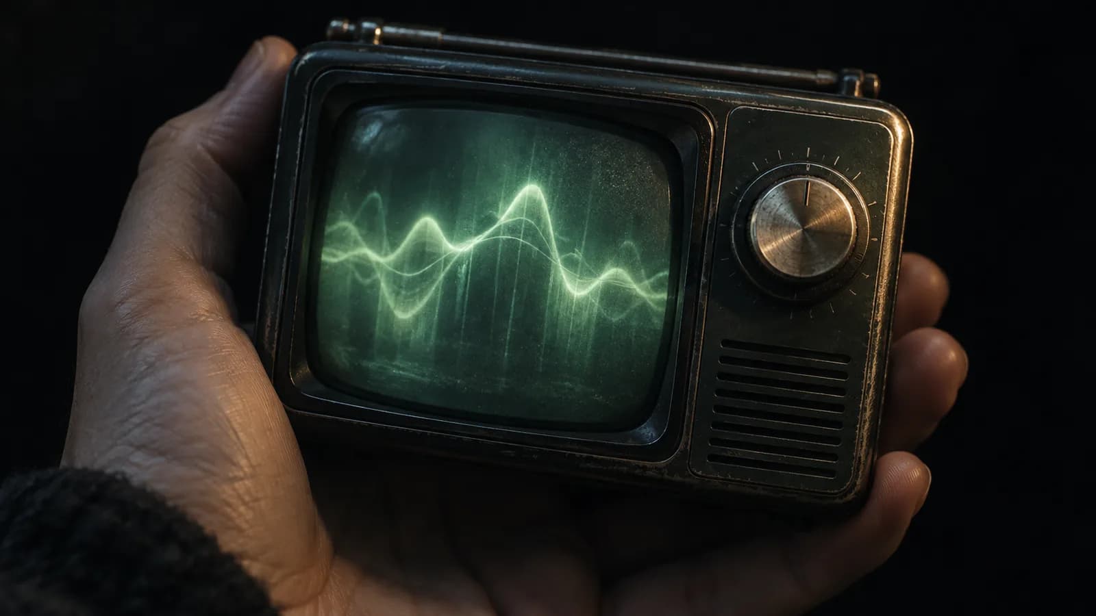 Original illustration: Extreme close-up of a hand-sized unbranded portable television with a softly glowing abstract green waveform, a tuning dial in sharp focus, velvet black background.