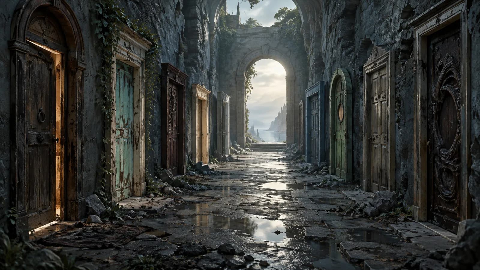 Original illustration: An architectural procession of nine mismatched doorframes in a long ruined stone passage, perspective toward pale daylight.