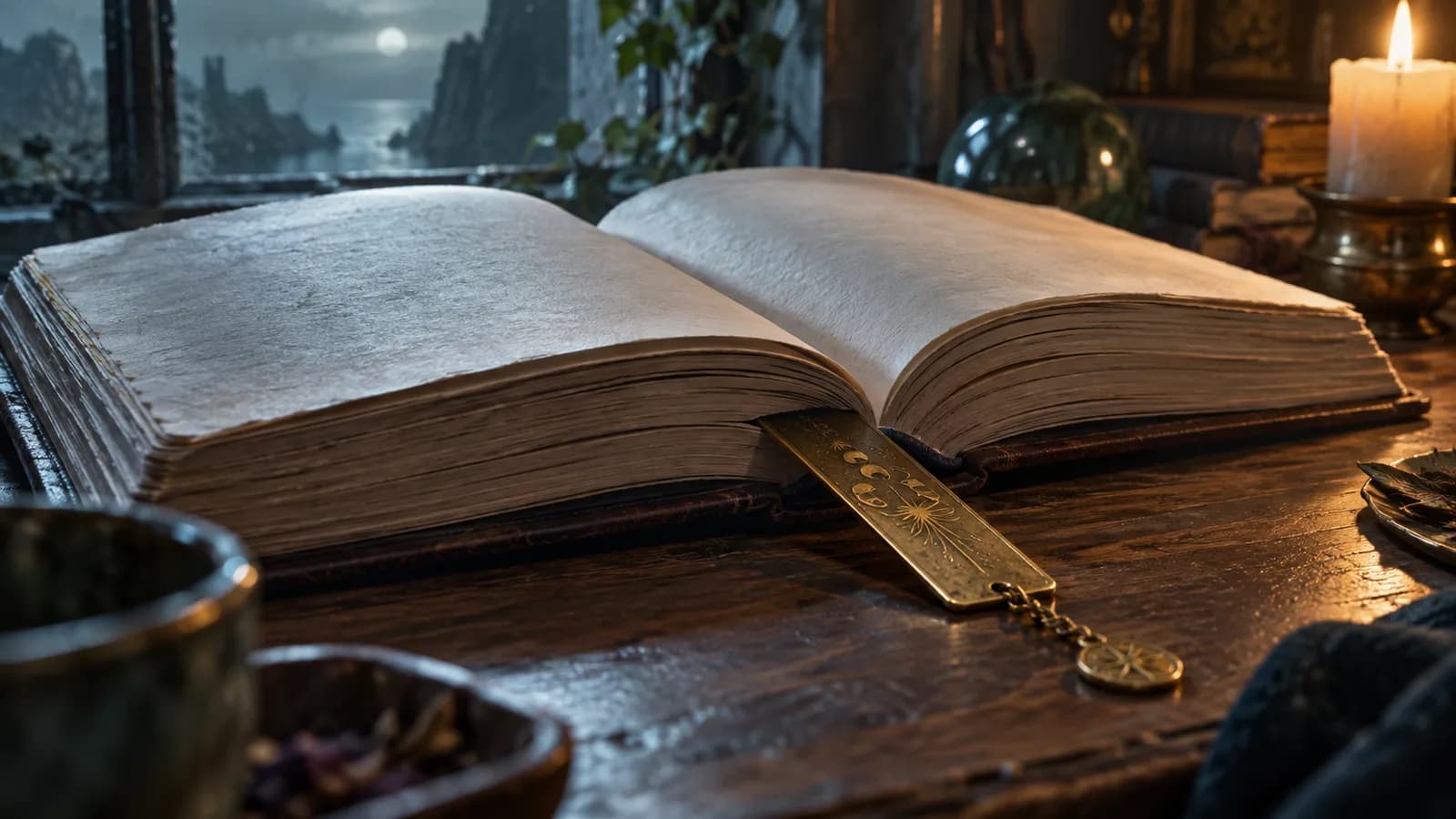 Original illustration: A brass bookmark halfway through a thick open blank journal, low-angle close-up with the remaining pages visible and softly lit.