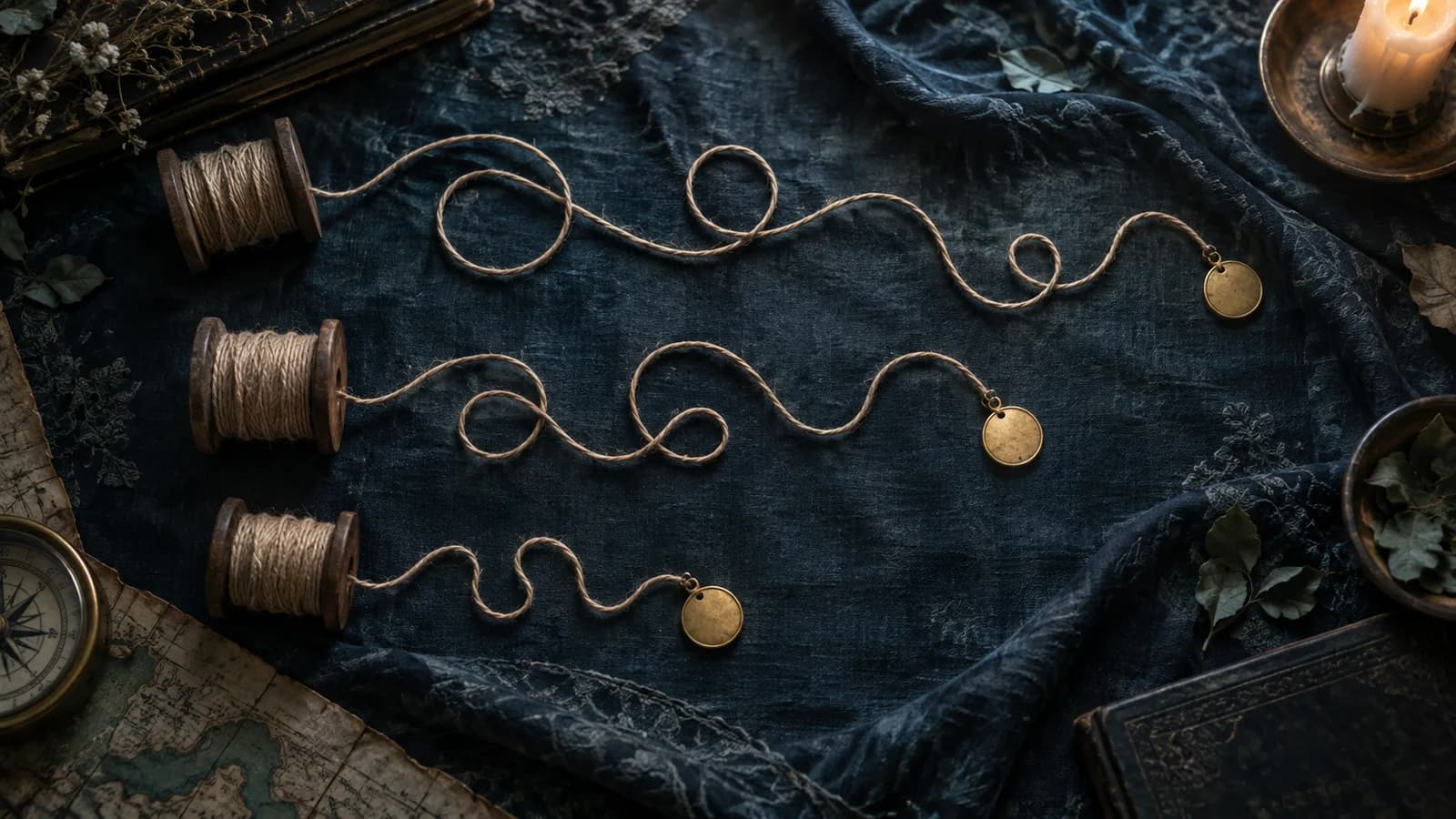 Original illustration: Overhead arrangement of three different lengths of winding twine ending in small unmarked brass tokens on dark blue fabric.
