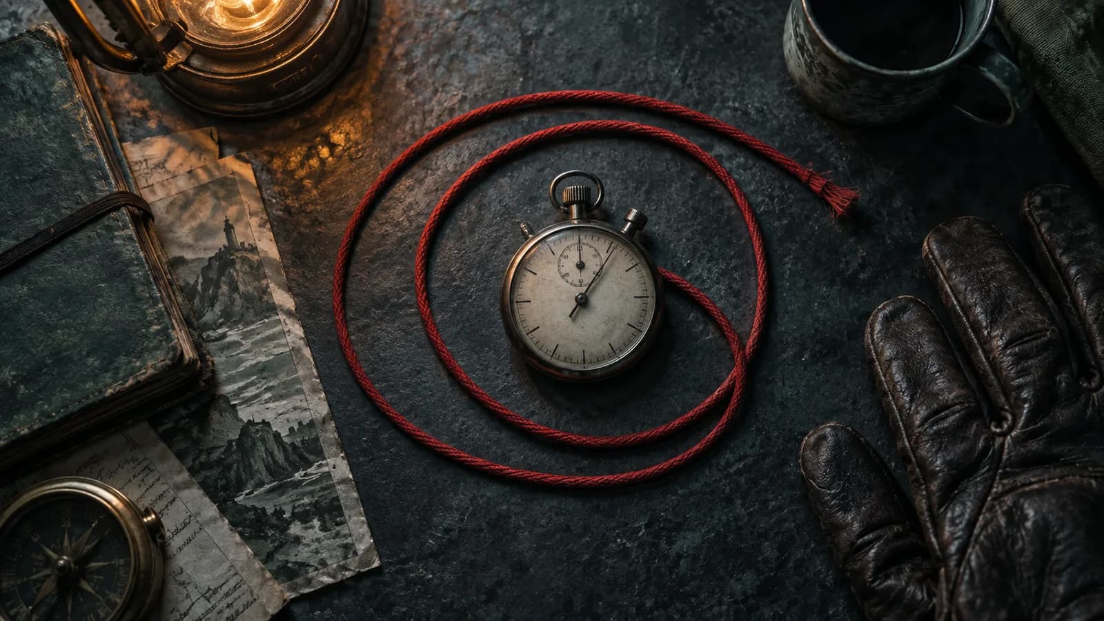 Original illustration: Overhead view of a coiled red cord forming two open loops around a small unmarked stopwatch, worn leather gloves at edge, charcoal slate surface.