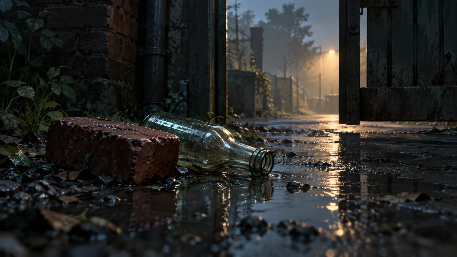 Original illustration: Low close view of a brick and empty glass bottle in a puddle beside a half-open service gate, an escape lane beyond.