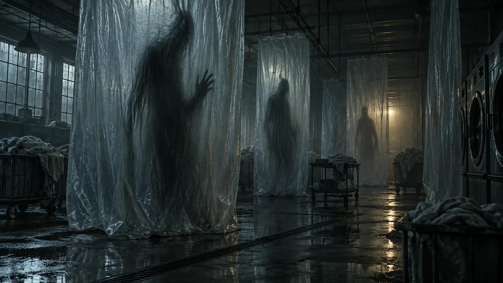 Original illustration: Three indistinct inhuman shadows distorted by hanging translucent industrial sheets in a vast dark laundry room, original abstract silhouettes.
