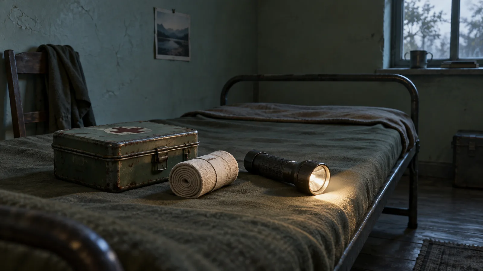 Original illustration: A closed first-aid tin, rolled bandage and flashlight laid neatly on a plain cot in an empty room, muted pale green walls.