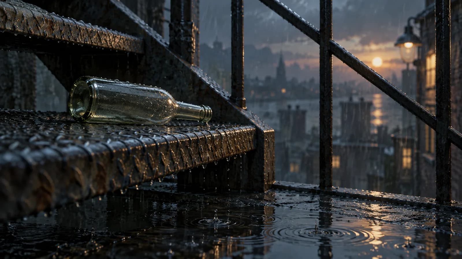 Original illustration: A single empty bottle on the edge of a resonant metal stair, raindrops make tiny rings in a puddle below, close detailed composition about sound and distraction.