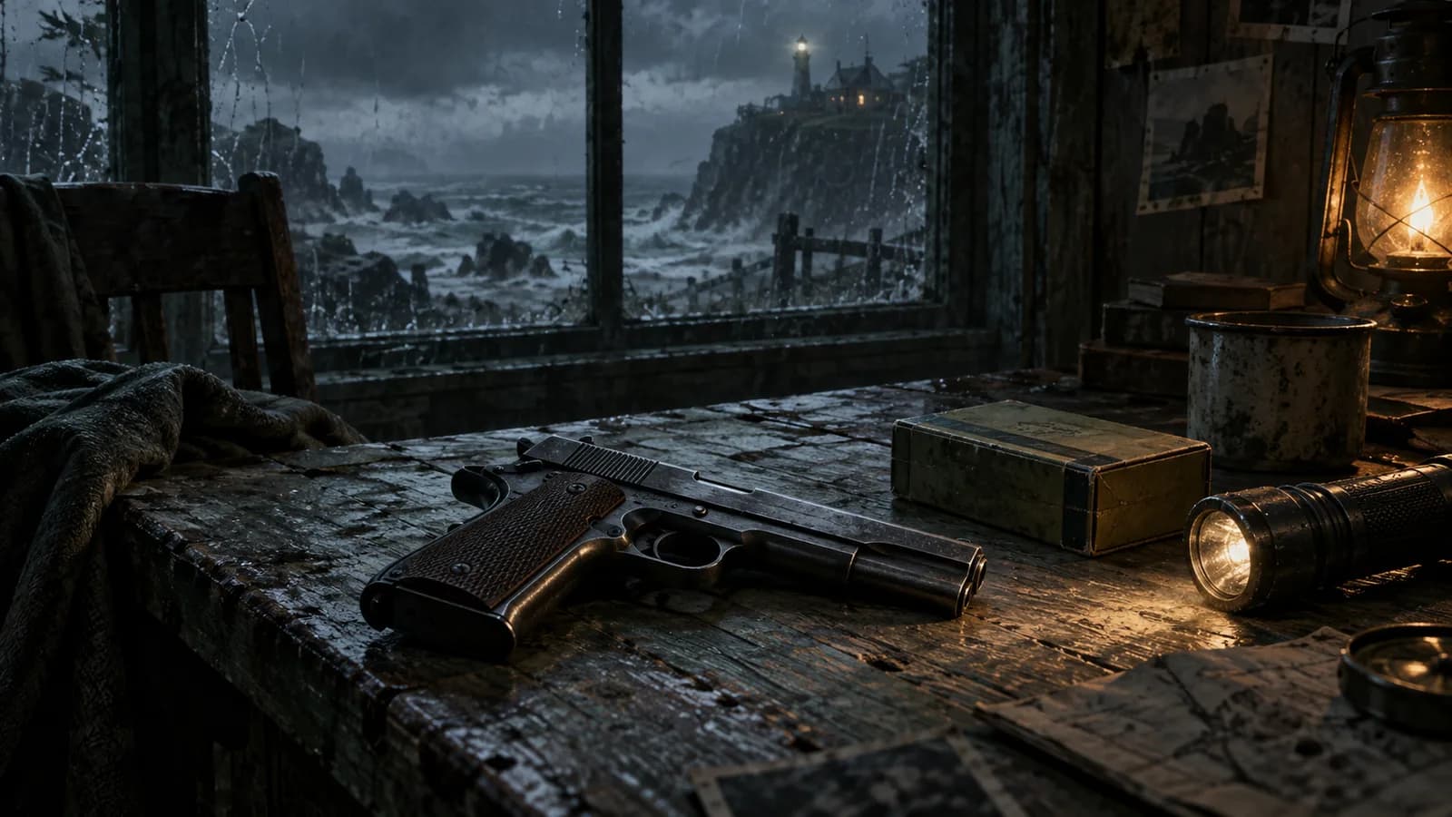 Original illustration of an unbranded handgun, ammunition box and flashlight on a weathered table.