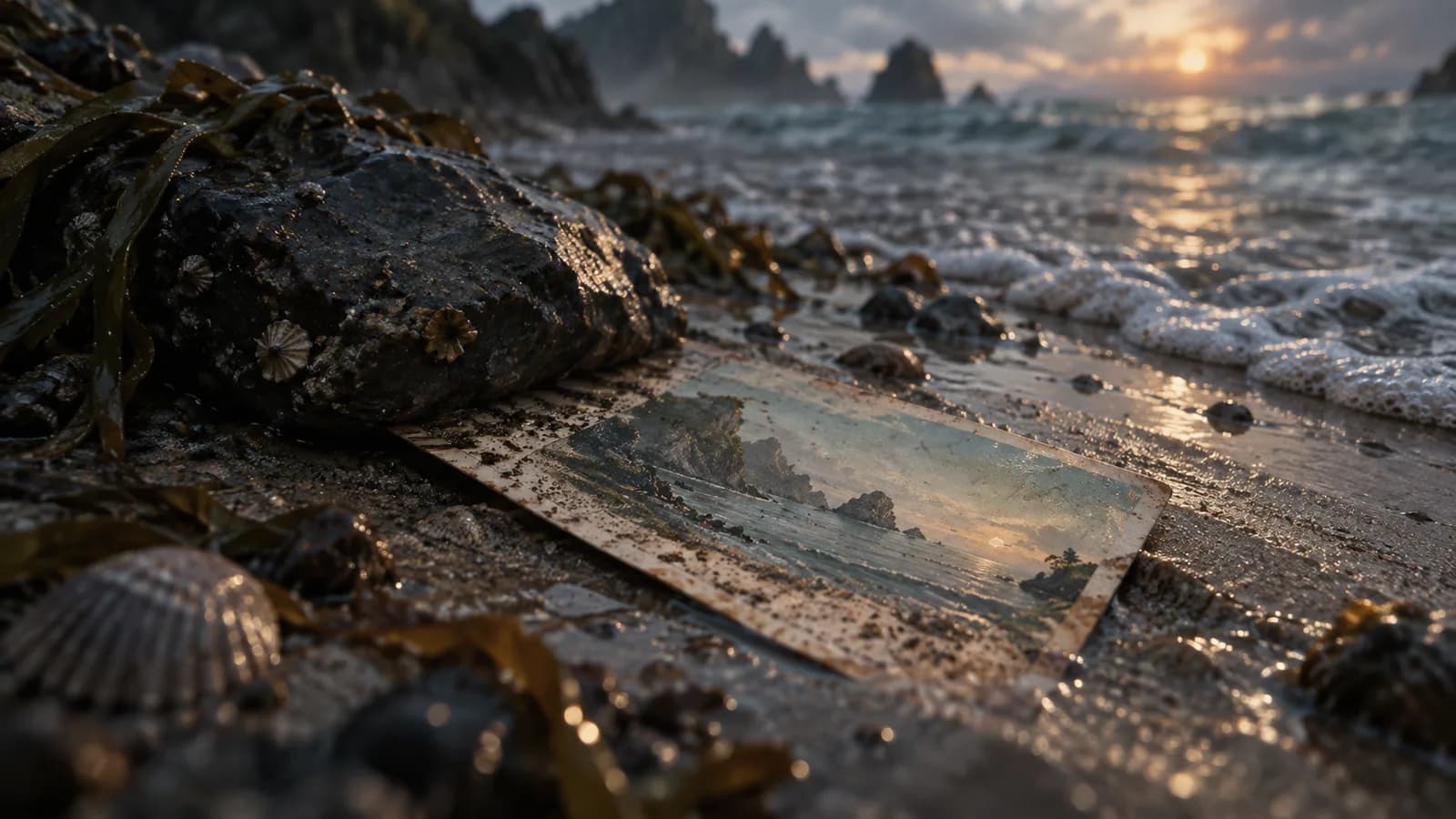 Original illustration: A postcard caught beneath a small rock on tidal sand, water beginning to approach from the far side, oblique macro.
